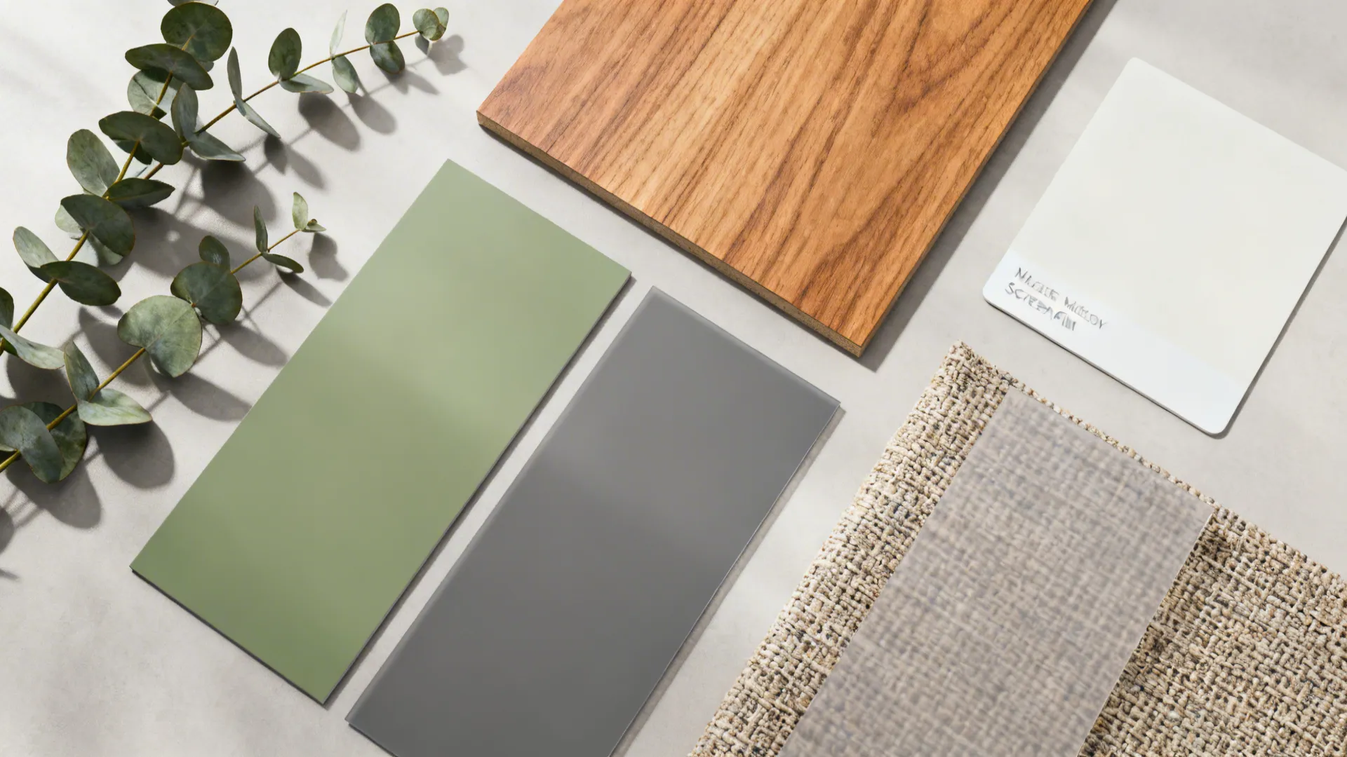 Top-down material palette with matte green vinyl, oak, off-white paint, and woven textiles for a calm look.