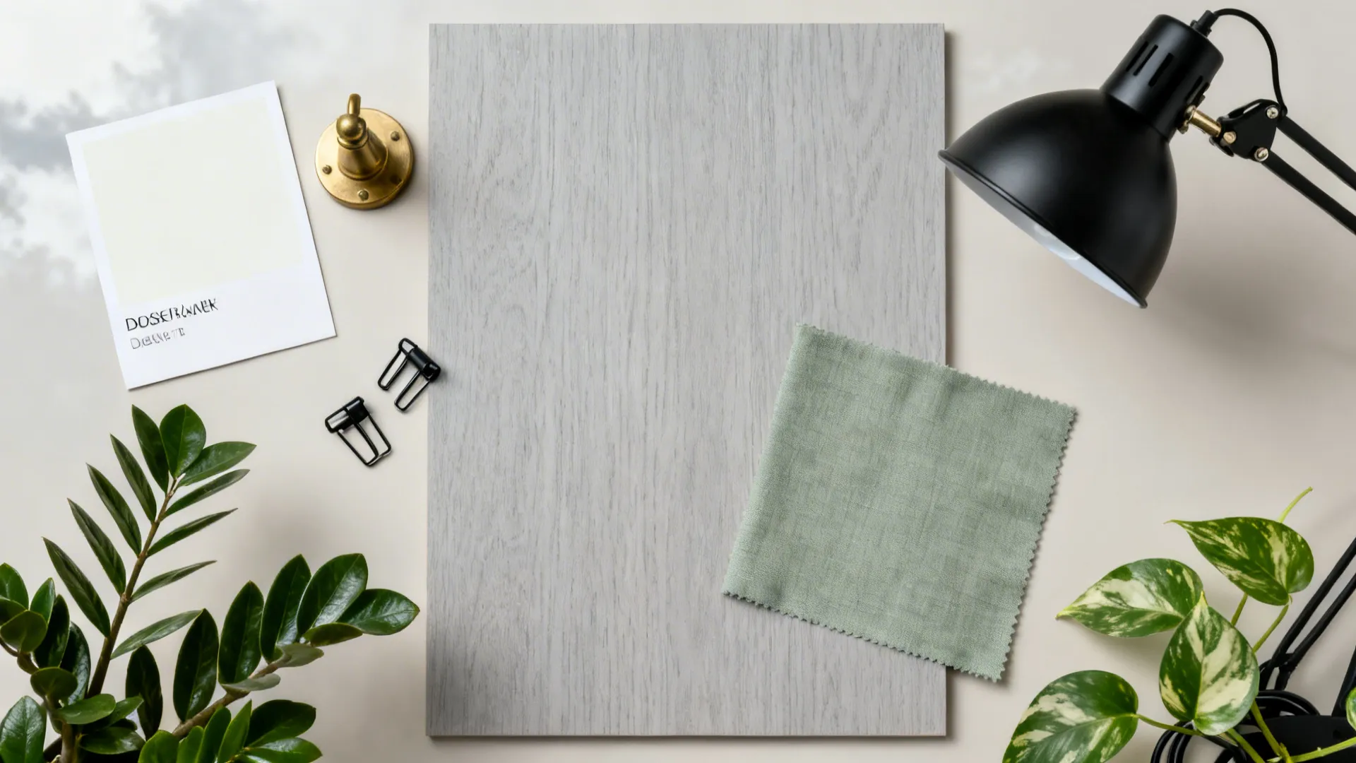 Flat lay of warm white and gray finishes, sage fabric, lighting pieces, plant leaves, and cable clips.