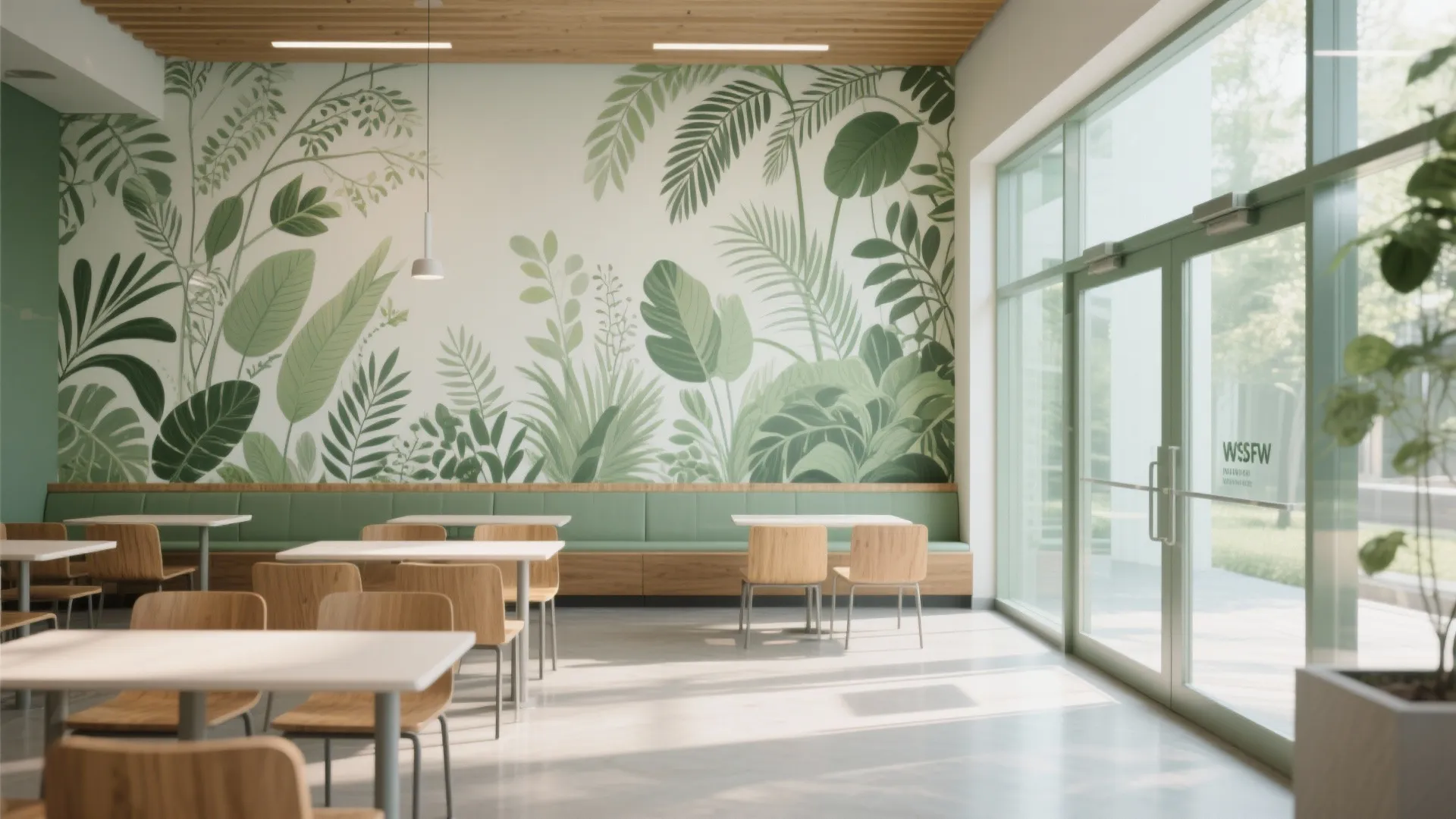 Bright dining area with wood tables and chairs next to a large leaf pattern wallpaper