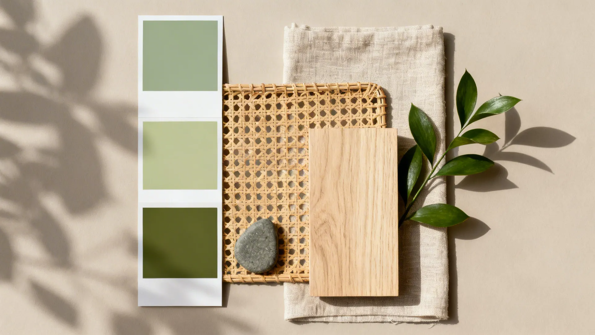 Flatlay of sage and olive swatches with rattan, oak, linen, plant leaves, and matte stone textures.