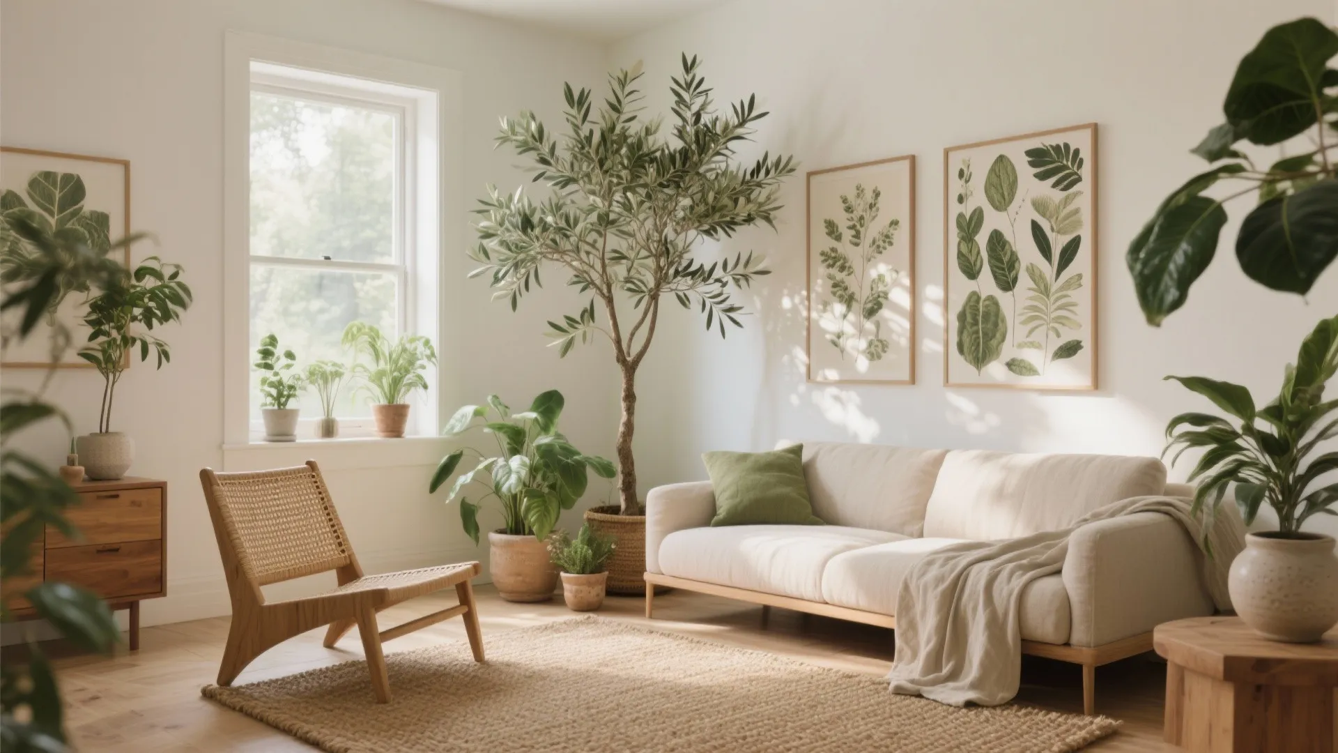 Bright living room with many green plants white sofa wooden chair and botanical wall art