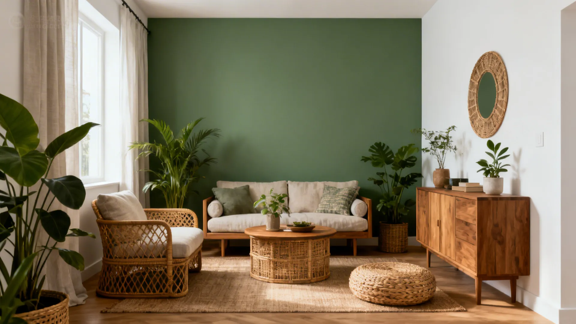 Small living room with mid-sage feature wall, oak furniture, rattan, and plants in soft daylight.