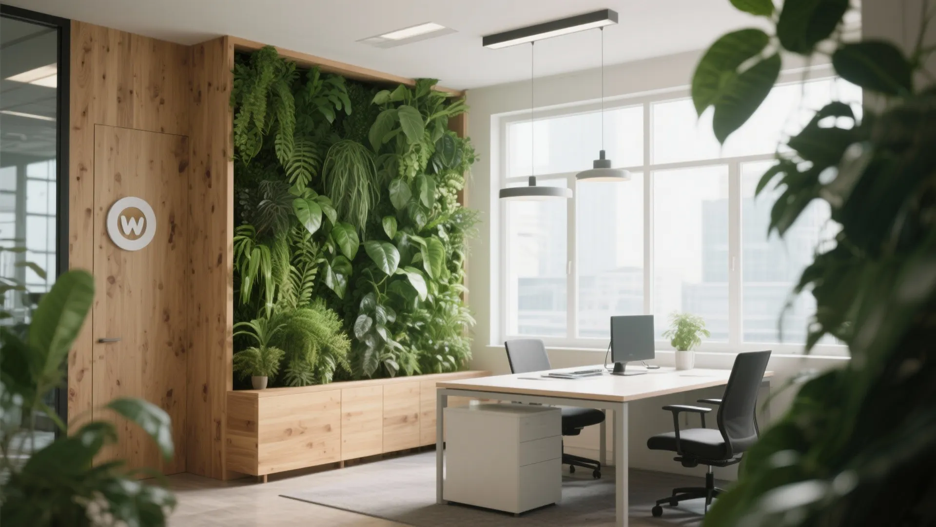Bright office space featuring a large green plant wall behind a wooden desk and chair