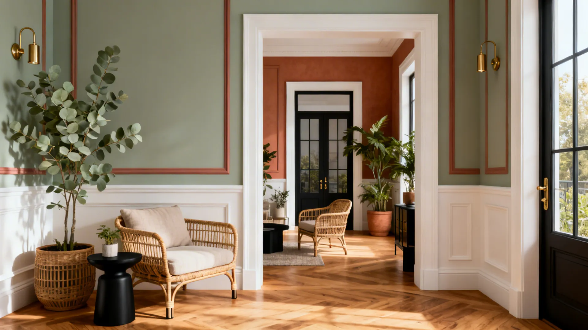 Elegant room with green walls white wall panels wooden floors wicker chairs and many green plants