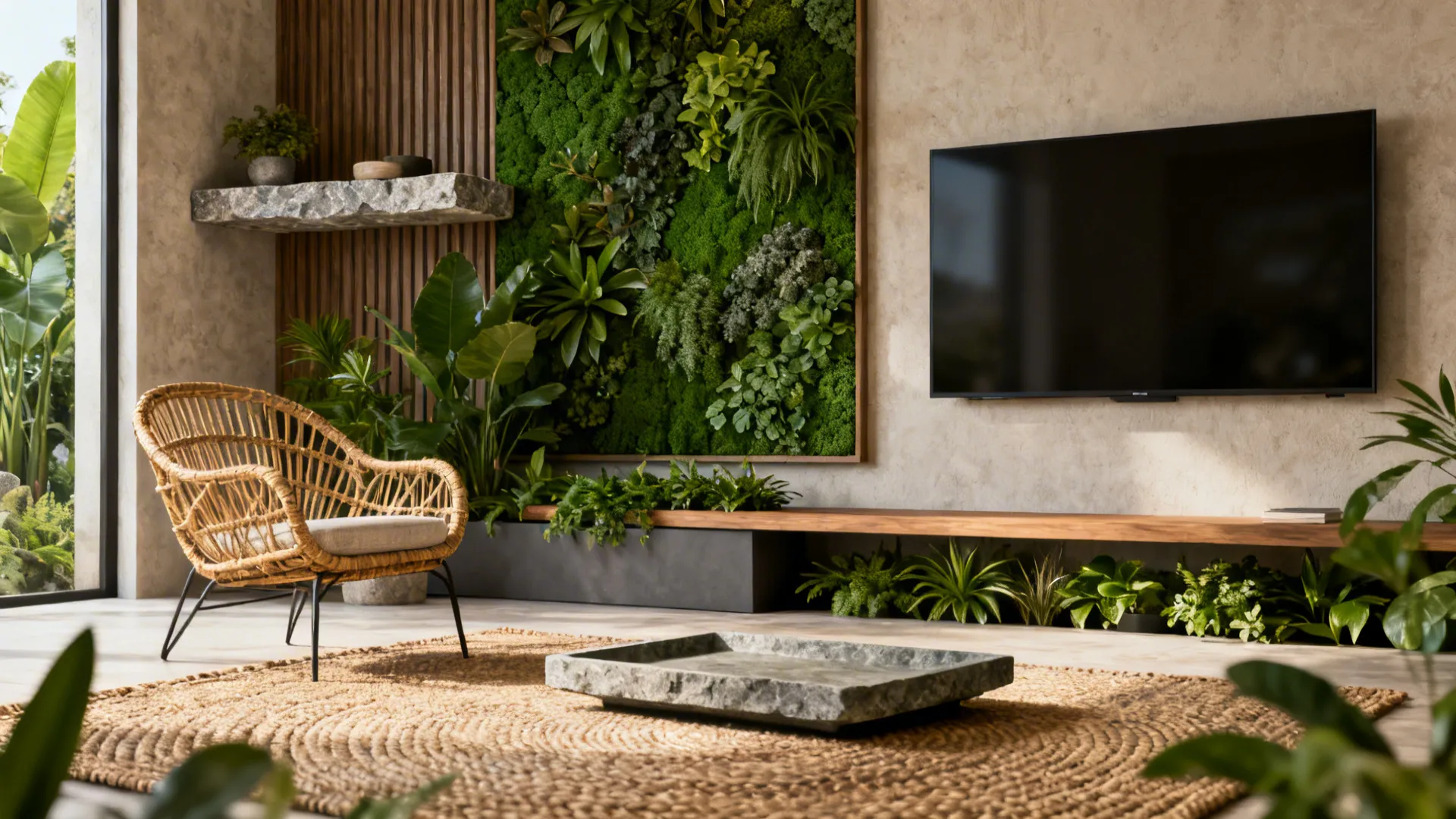 Living room showing layered biophilic design: rattan, stone accents, living wall and planter bench