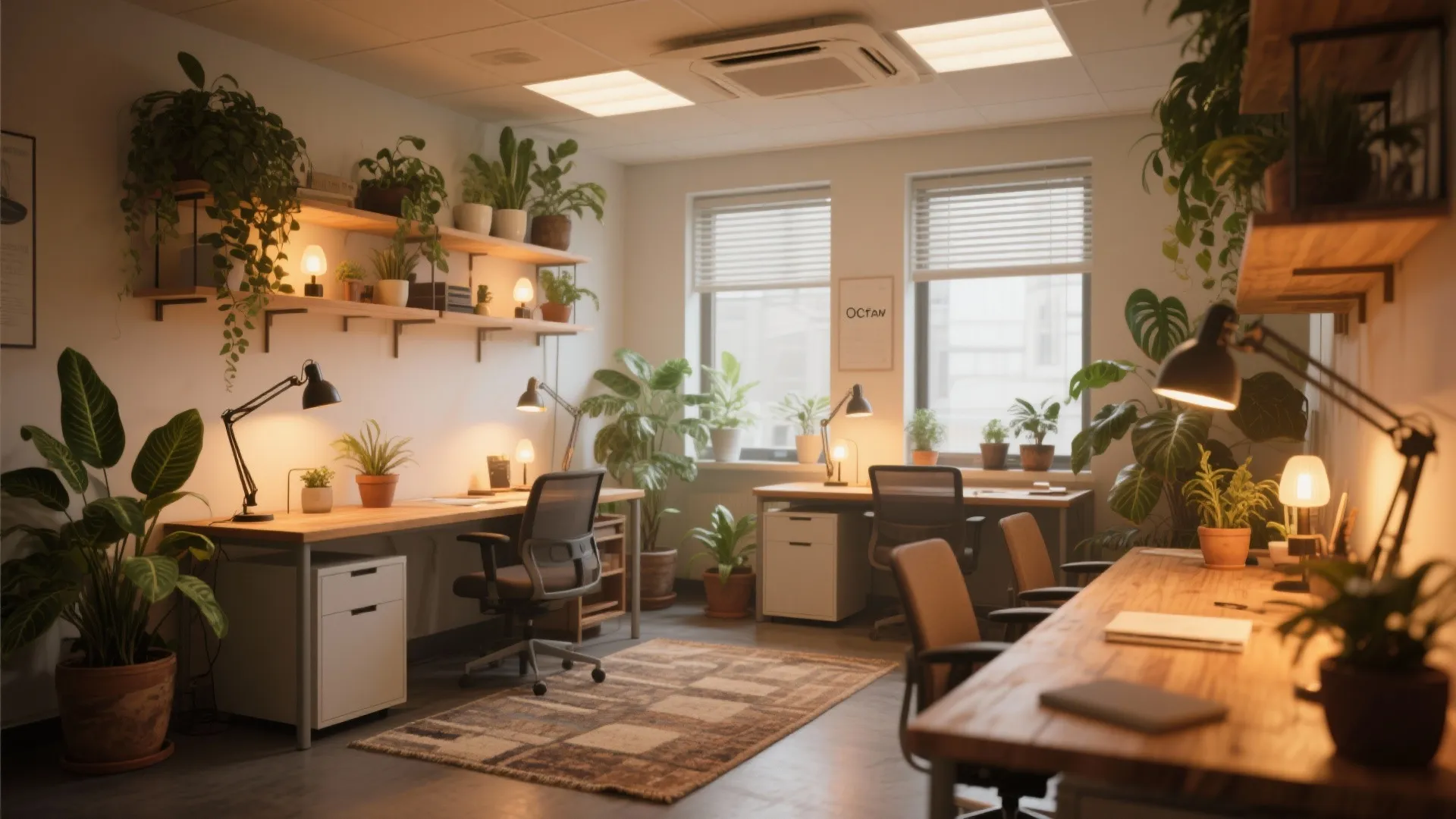 Bright office interior design with many green plants warm desk lamps wooden tables and windows