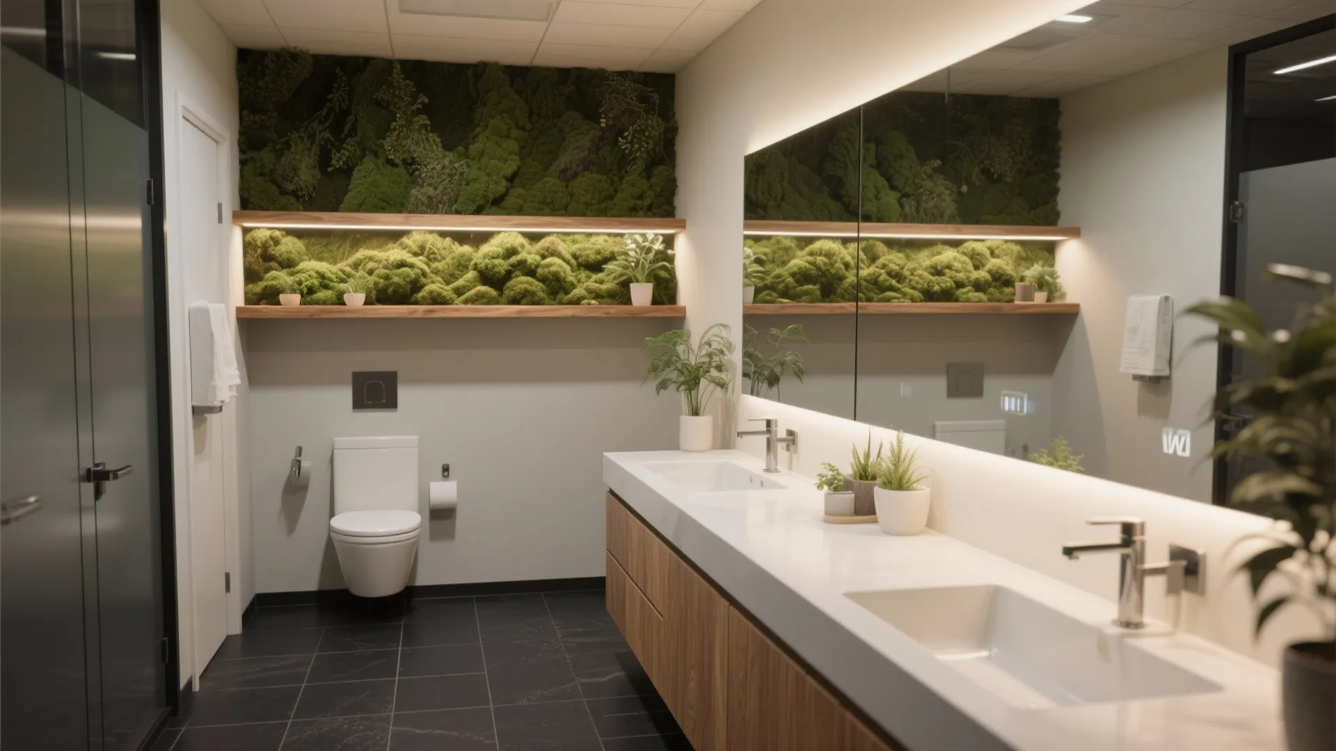 Modern bathroom with green moss wall art and wood cabinets with a large backlit mirror