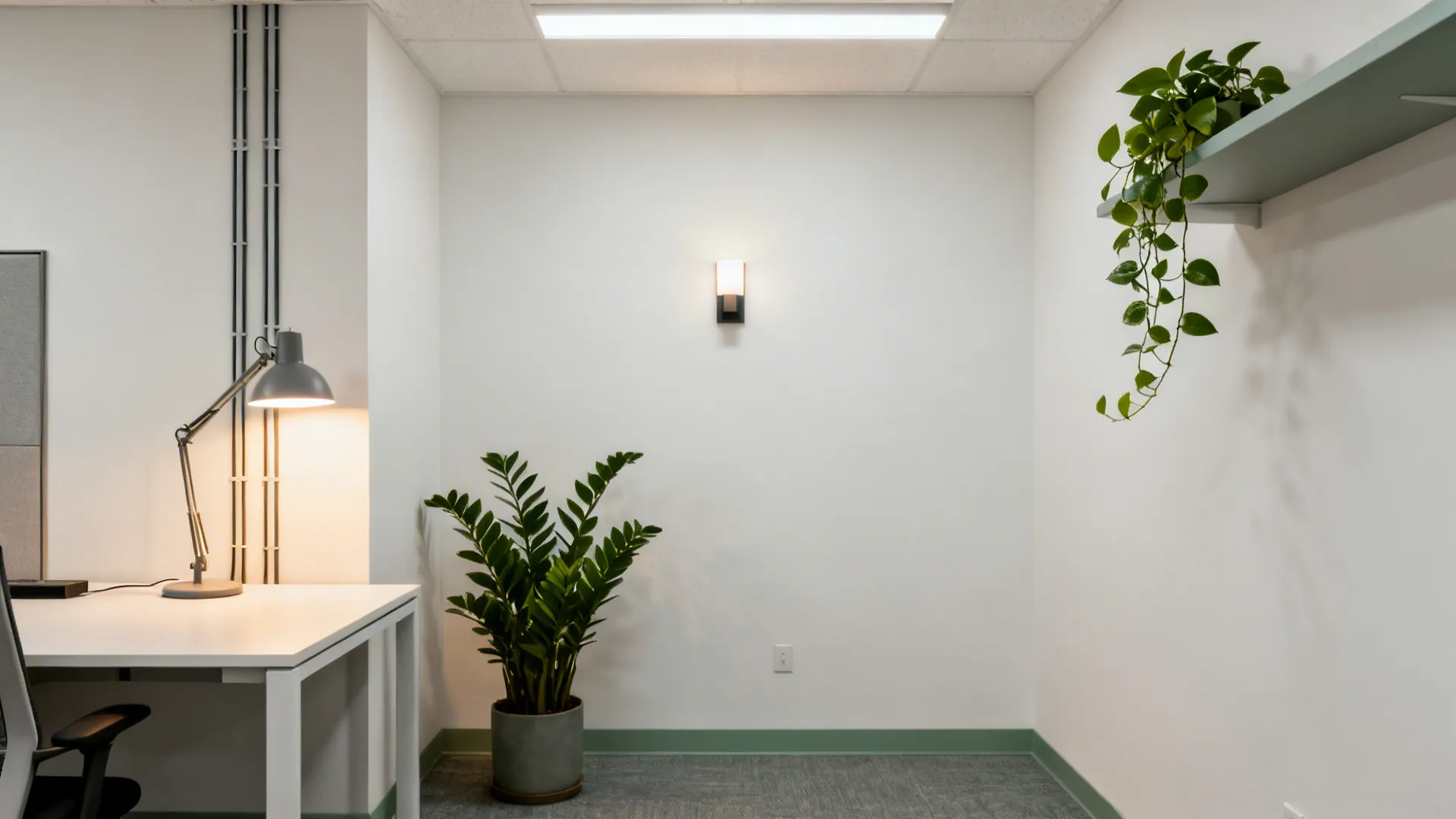 10x10 office with a ZZ plant, trailing pothos, and layered ambient and task lighting.