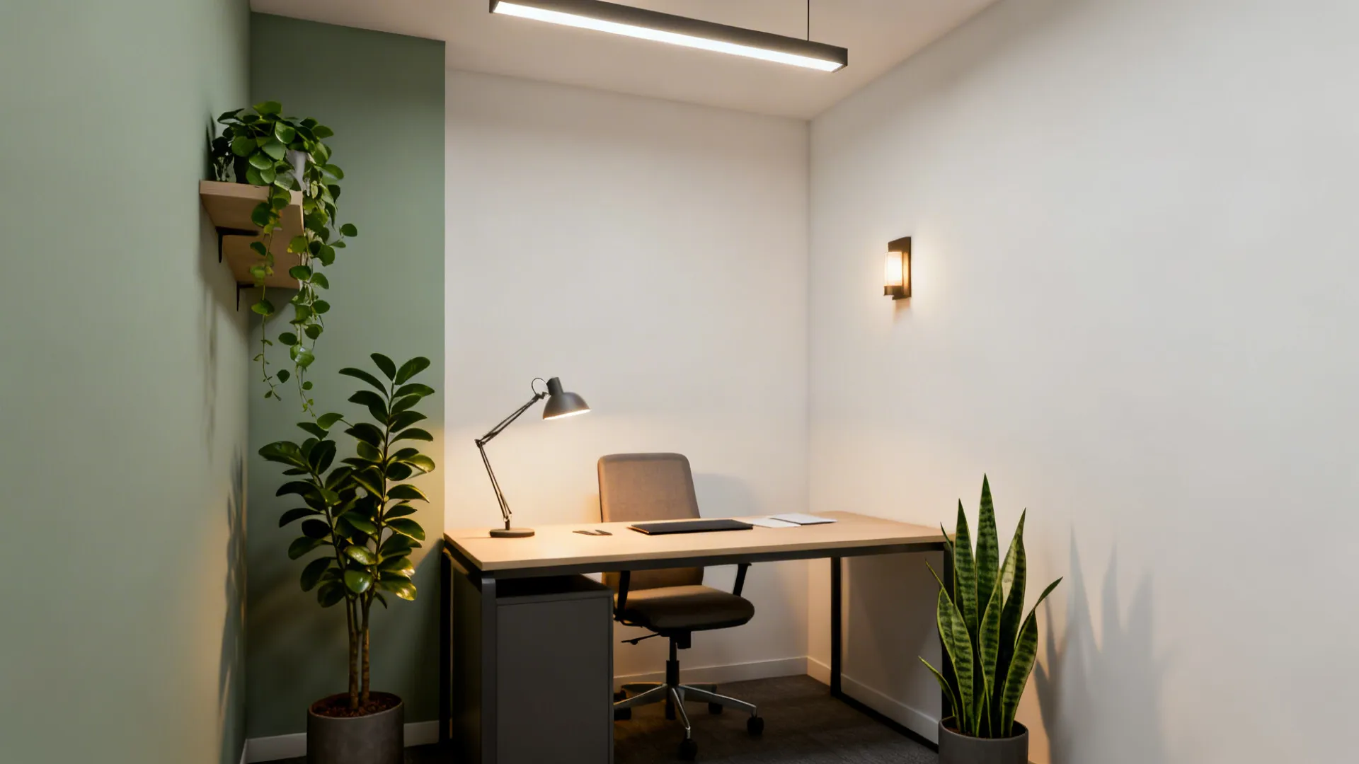 Modern home office with wooden desk grey chair green plants wall light and ceiling light