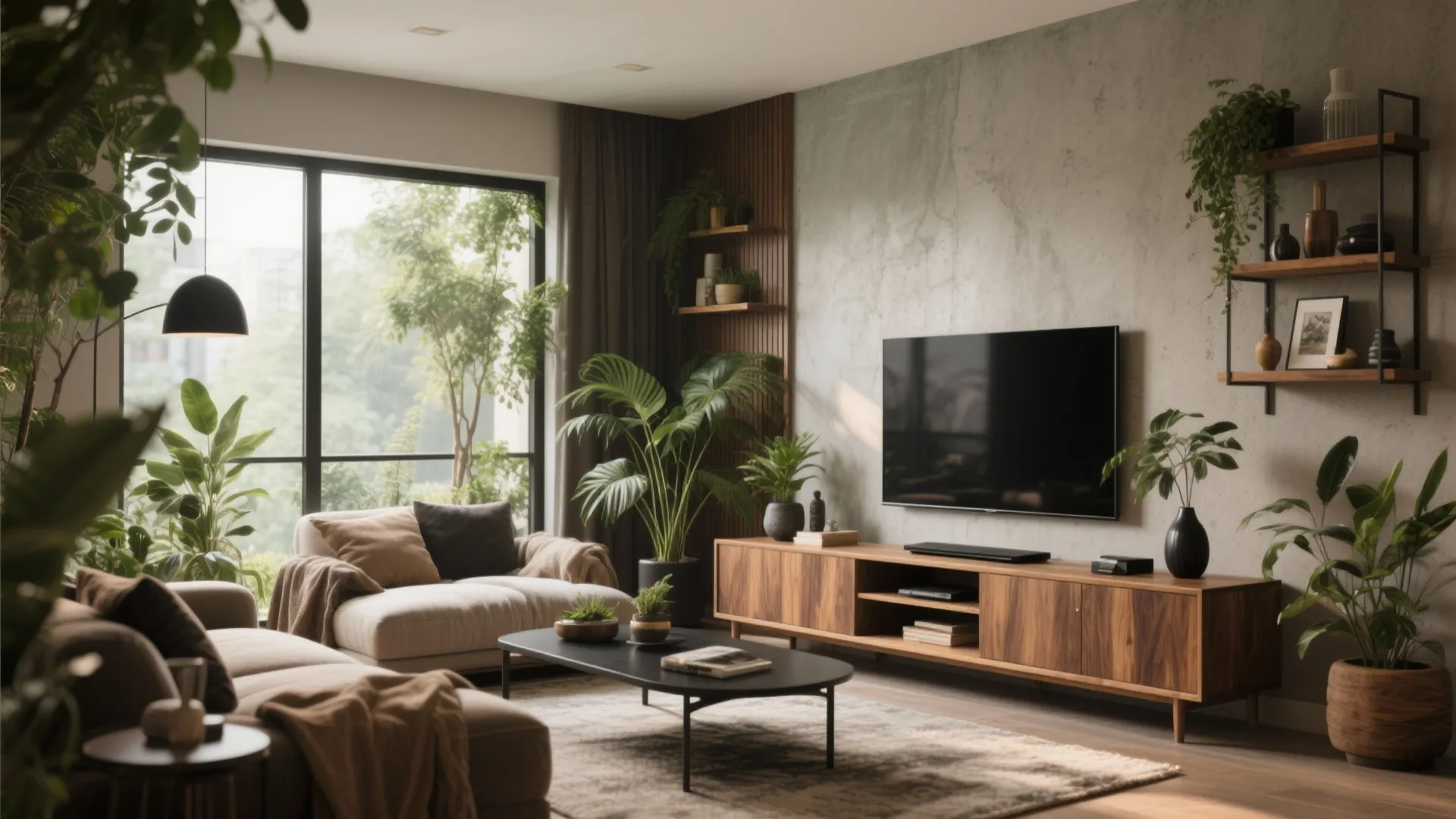 Biophilic living with warm neutrals and wood accents