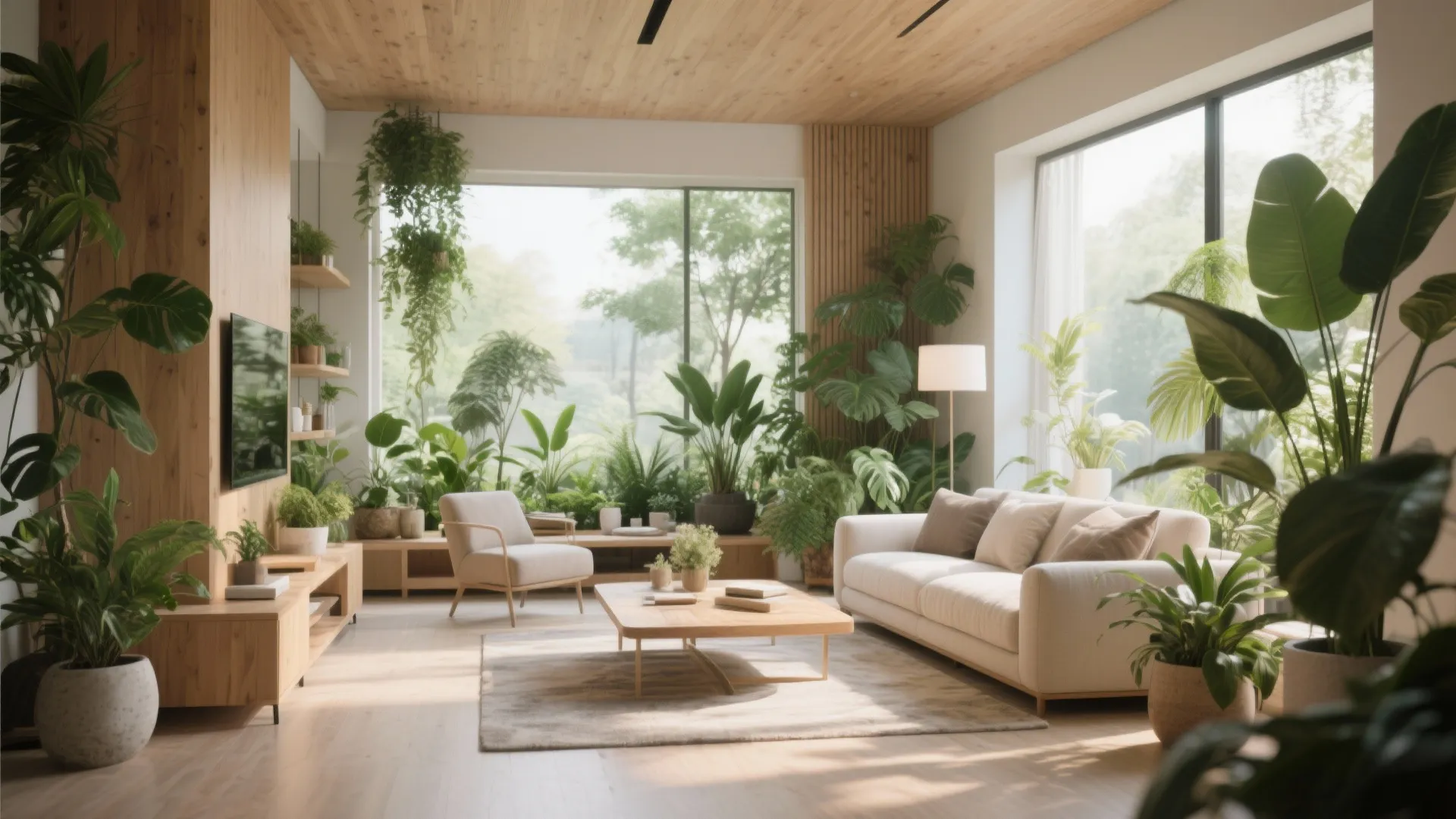 Living room with indoor plants and wood accents