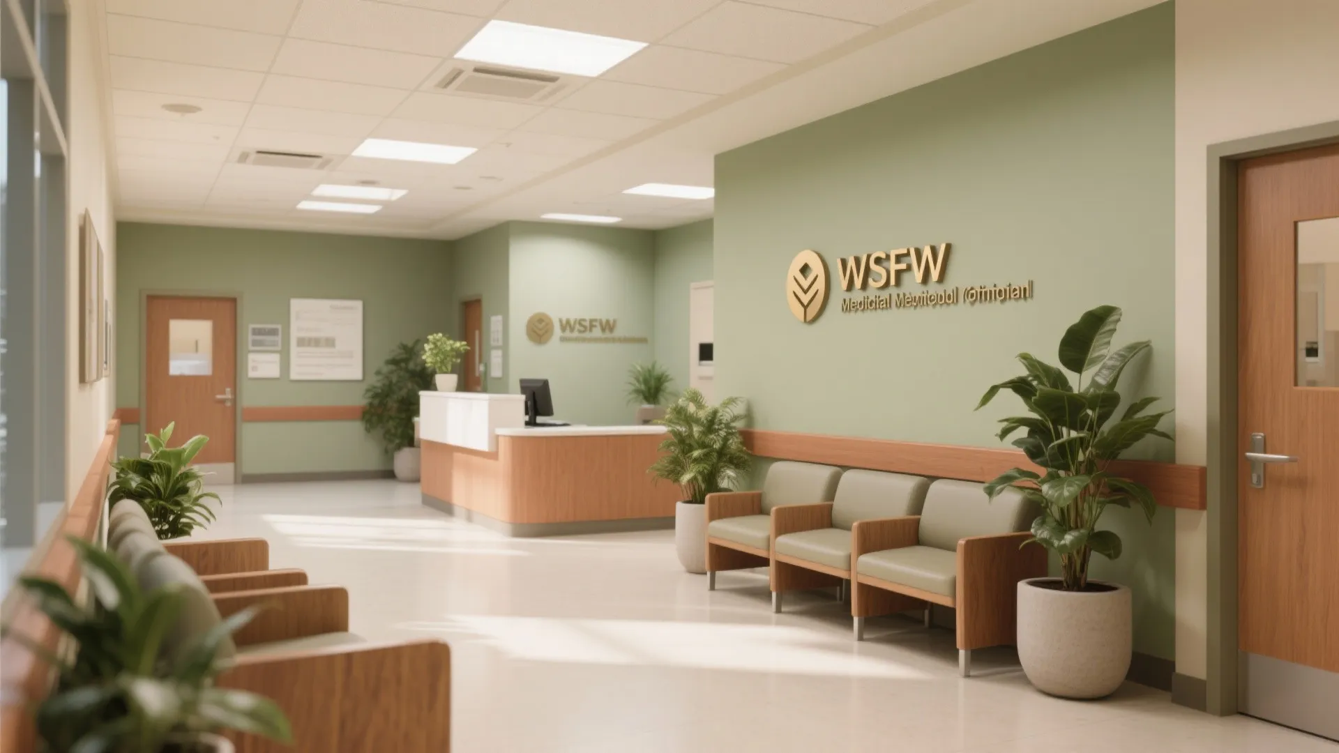 Office reception area with green walls wooden desk many potted plants and comfortable green seating