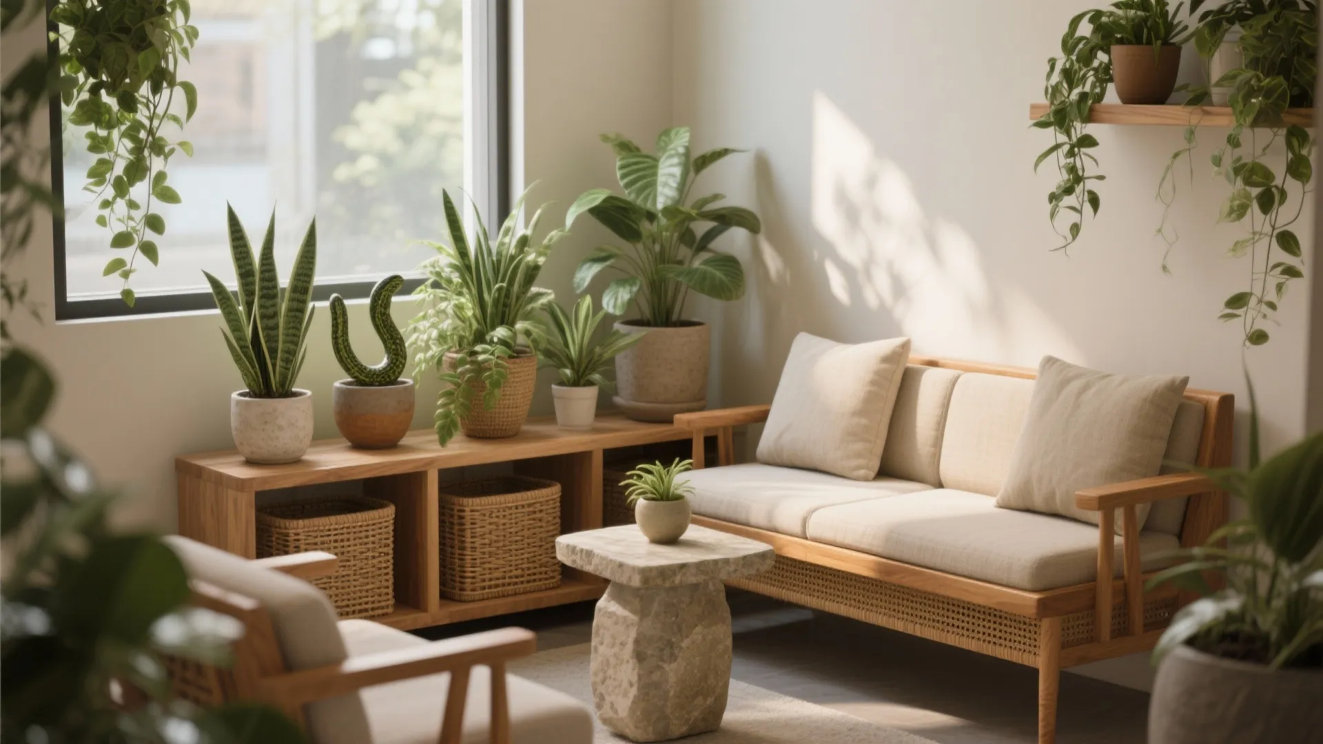 Biophilic staff lounge corner with plant shelf, woven textures, and a honey-oak bench in soft greens and warm neutrals.