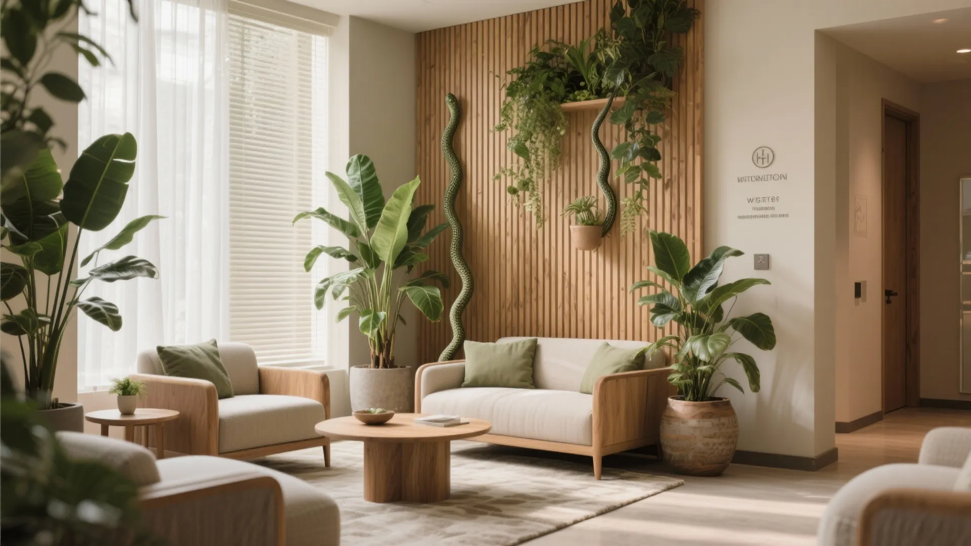 Warm wood, greenery, and biophilic calm