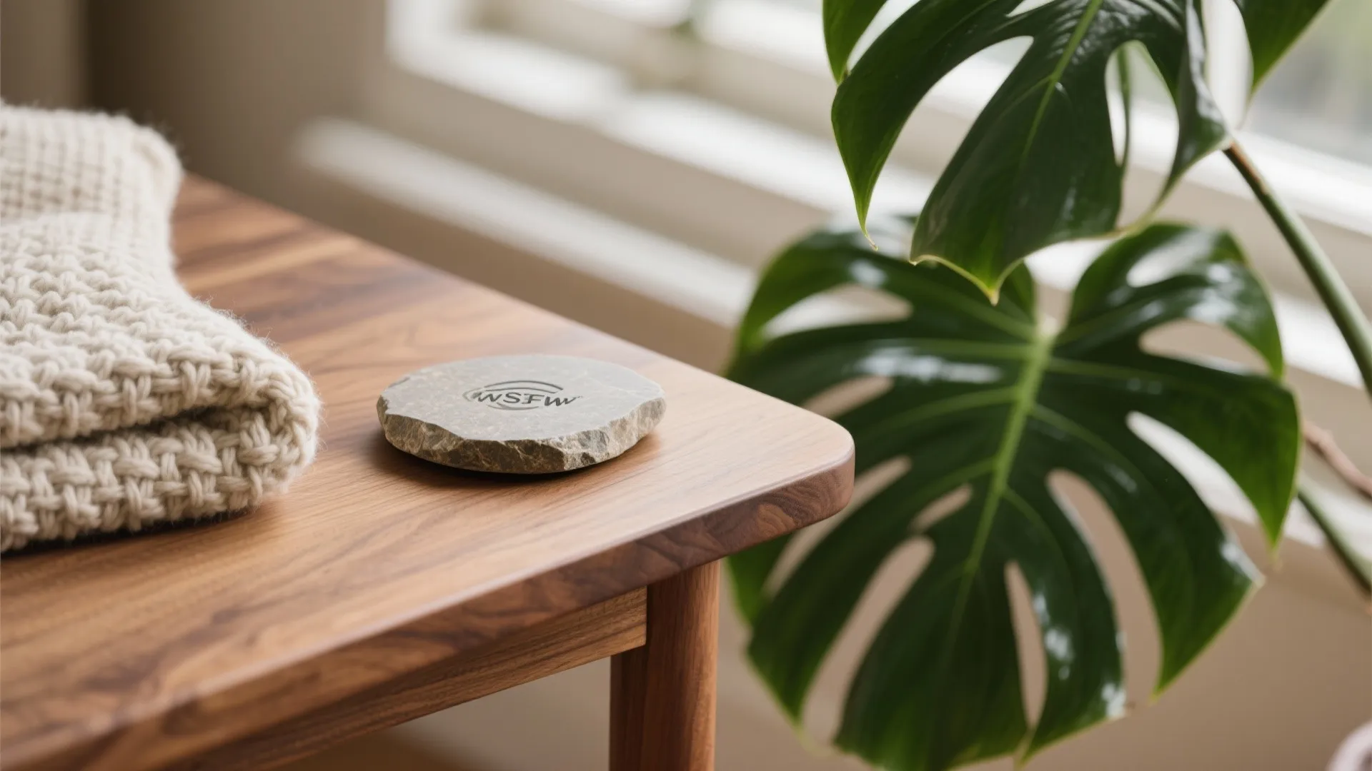 Wooden table with stone coaster folded knit blanket and large green plant leaf near window