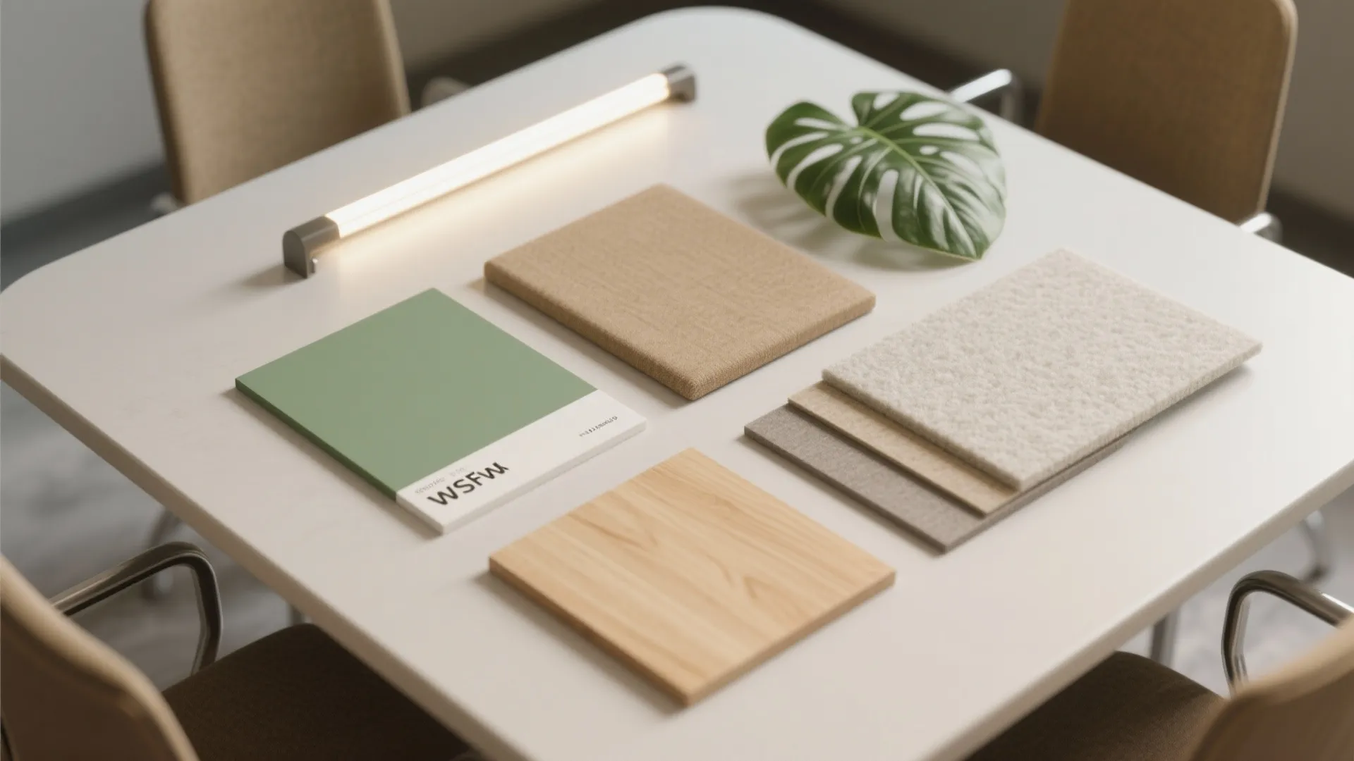 Flatlay of soft green paint, warm neutral fabrics, light oak veneer, matte finish, felt panel, leaves, and LED diffuser.