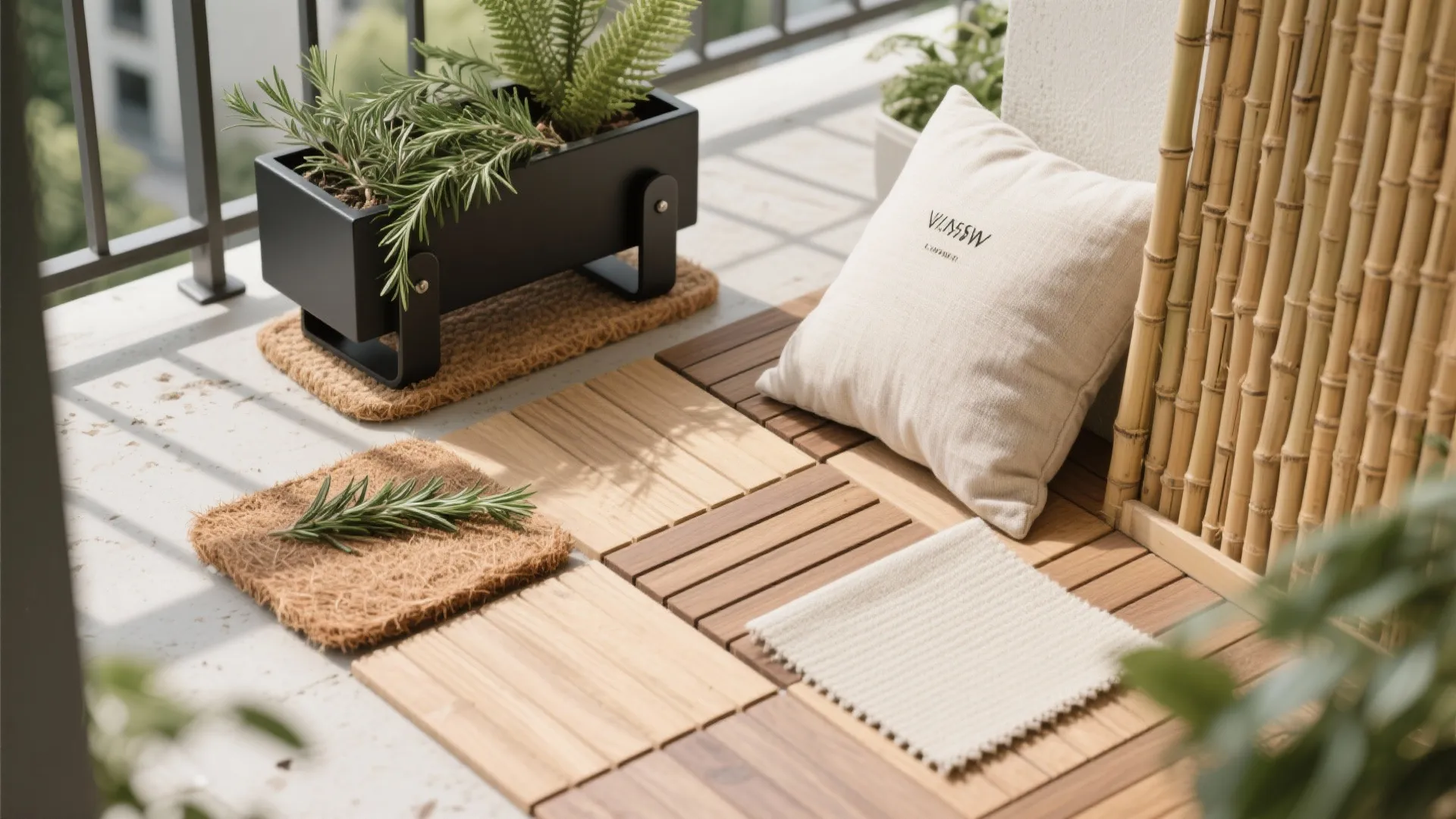 Flatlay of balcony materials: deck tile, coconut coir, brackets, plant clippings, cushion fabric, bamboo sample.