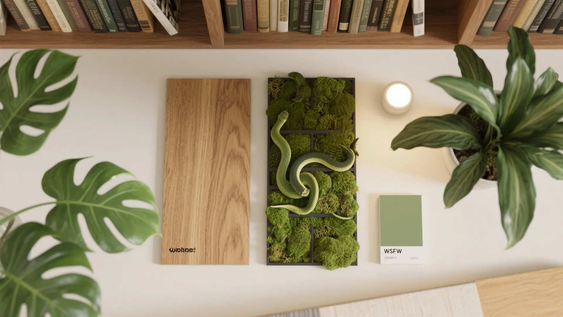 Top view of wooden board moss decoration green plants and color samples on white desk