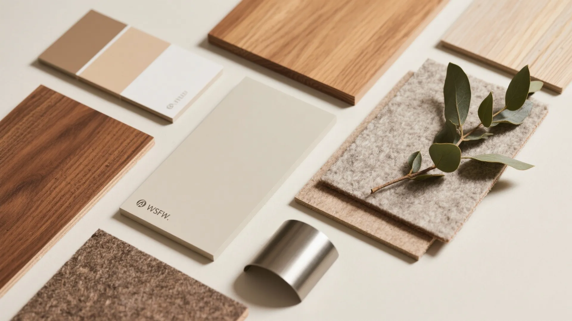 Mood board with wood samples fabric pieces color swatches and a green leaf on table