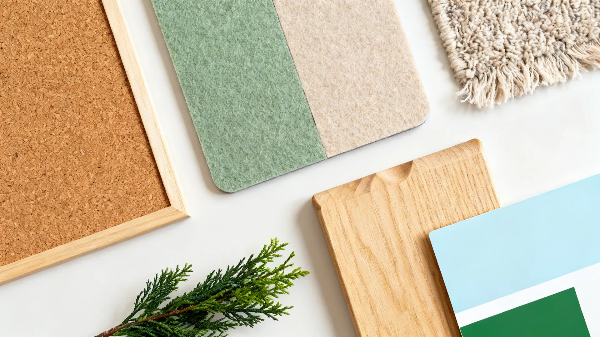 Flat lay of cork, felt, wood samples, rug fibers, and soft paint chips for a preschool.