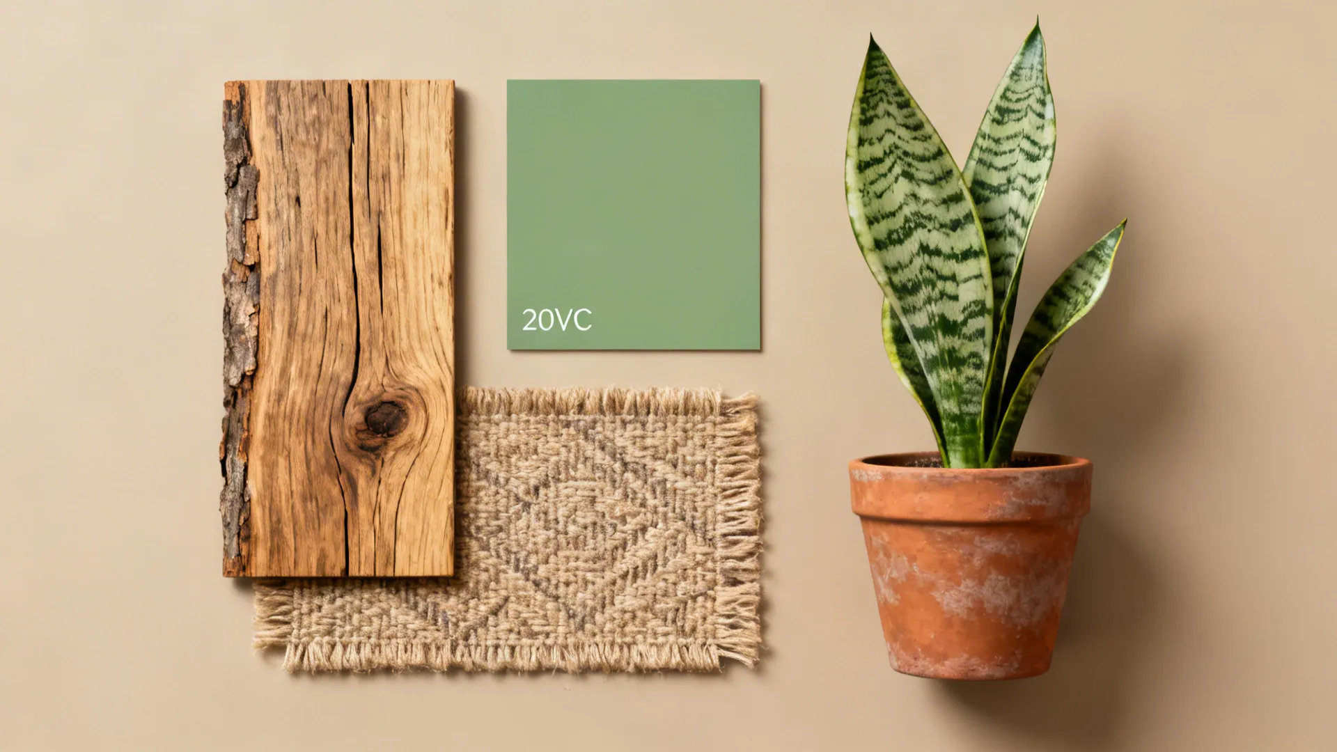 Flatlay of reclaimed wood, paint chips, terracotta pot and plant leaf for sustainable living room design.