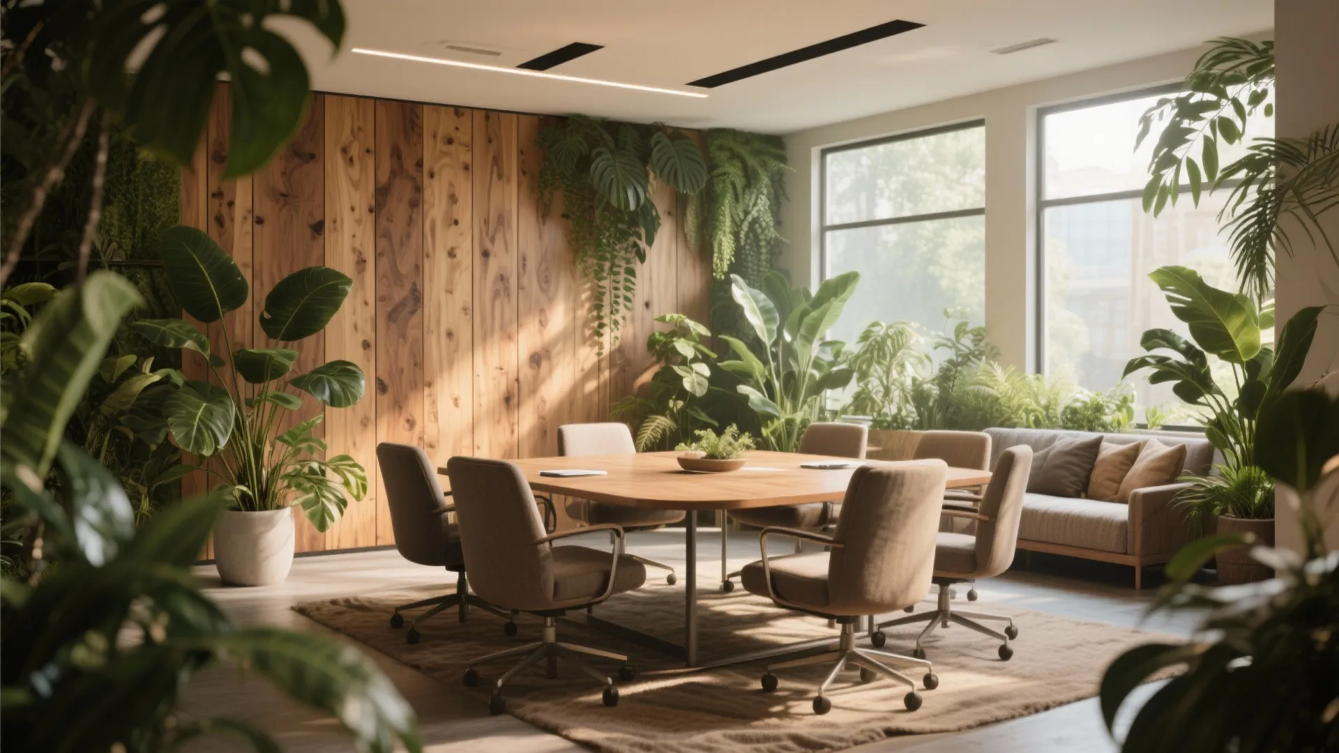 Bright office meeting room filled with green plants wooden wall panel and large glass windows