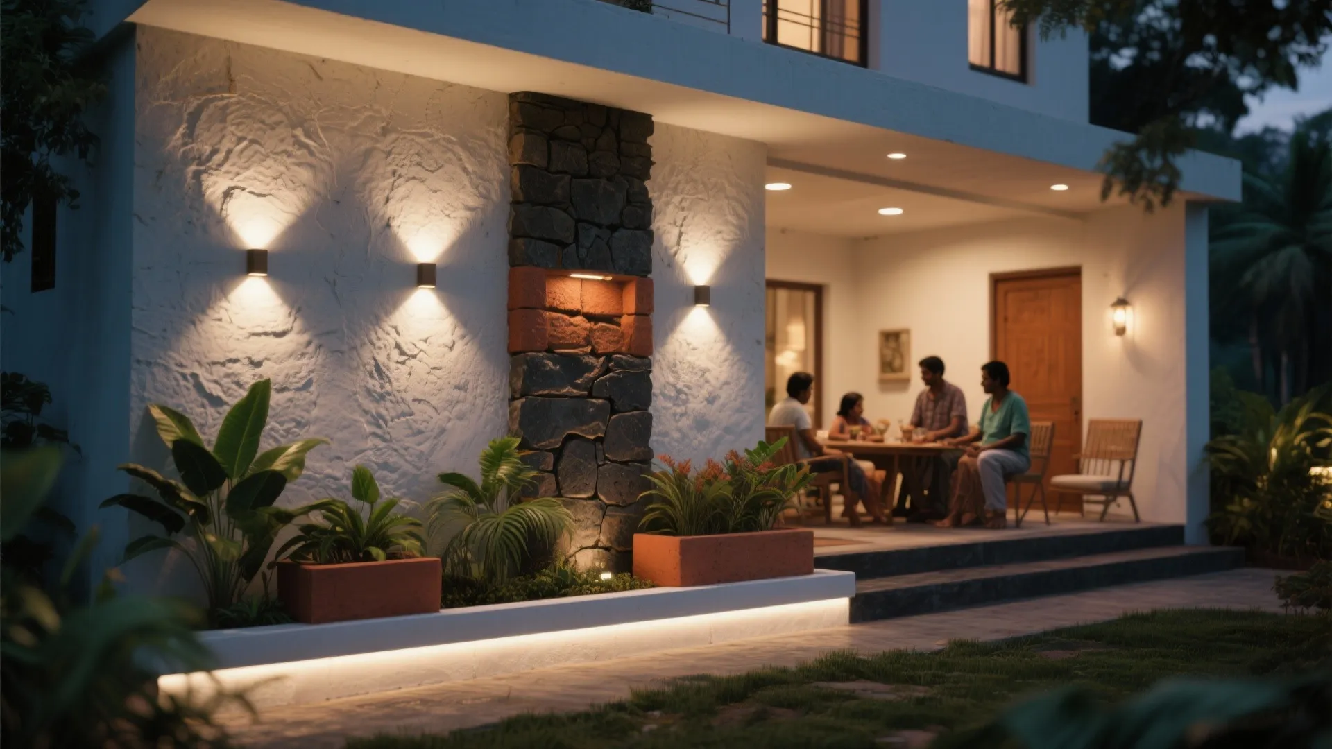Outdoor patio at night with wall lights stone pillars green plants and family eating dinner