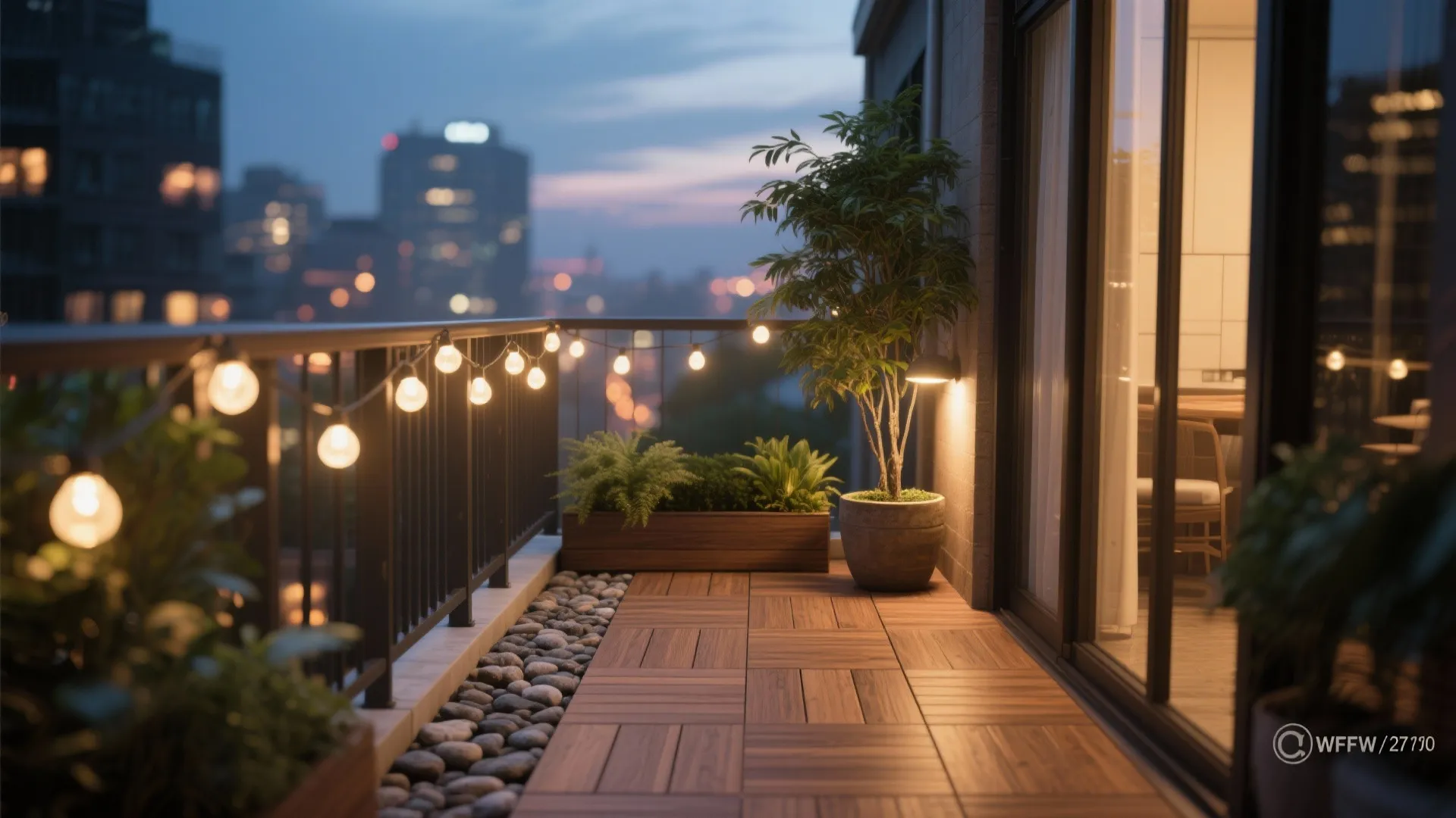 Biophilic palette: warm woods, textured stone, and night lighting