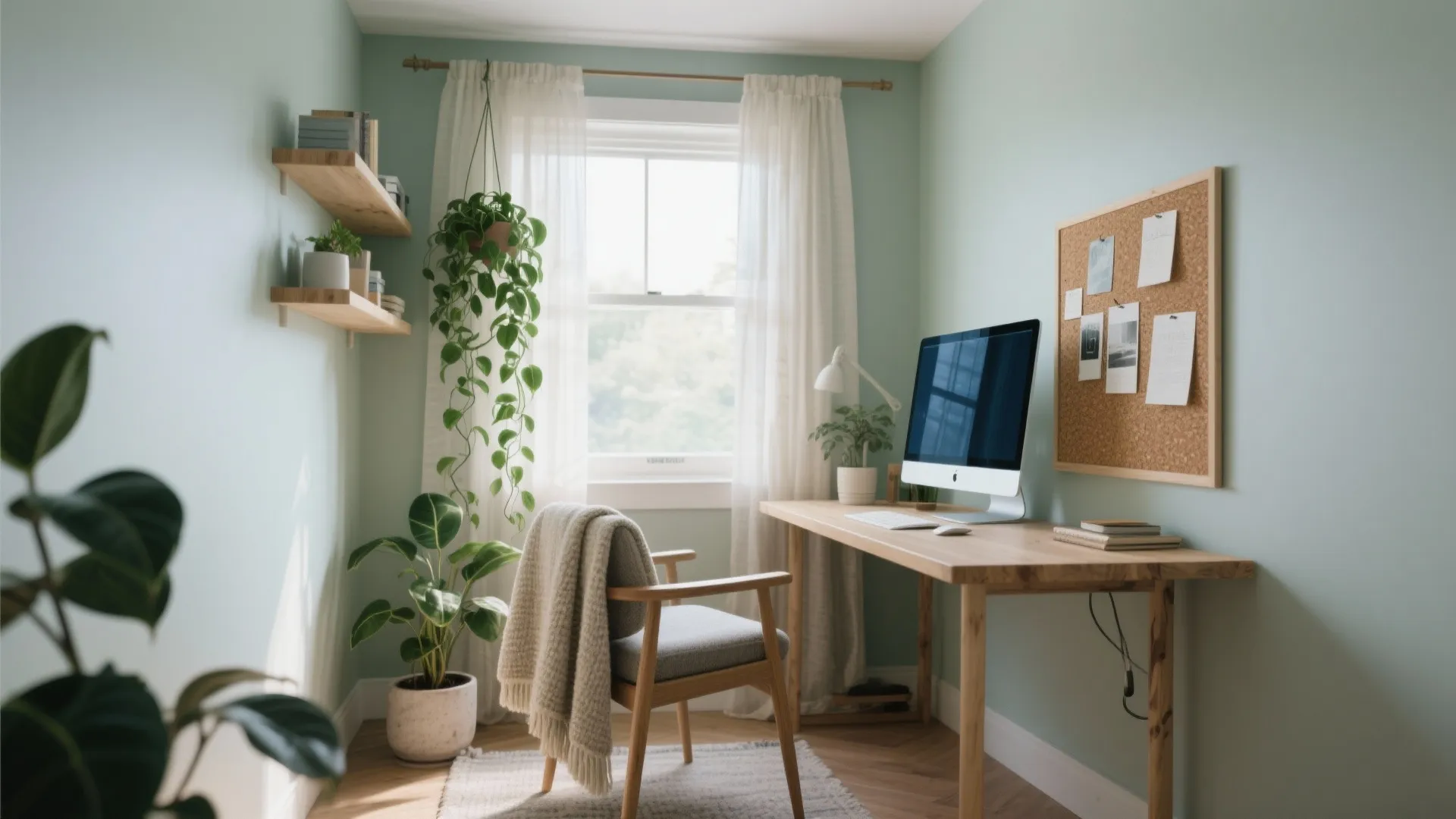 Small home office with light green walls wooden desk computer and green plants near bright window