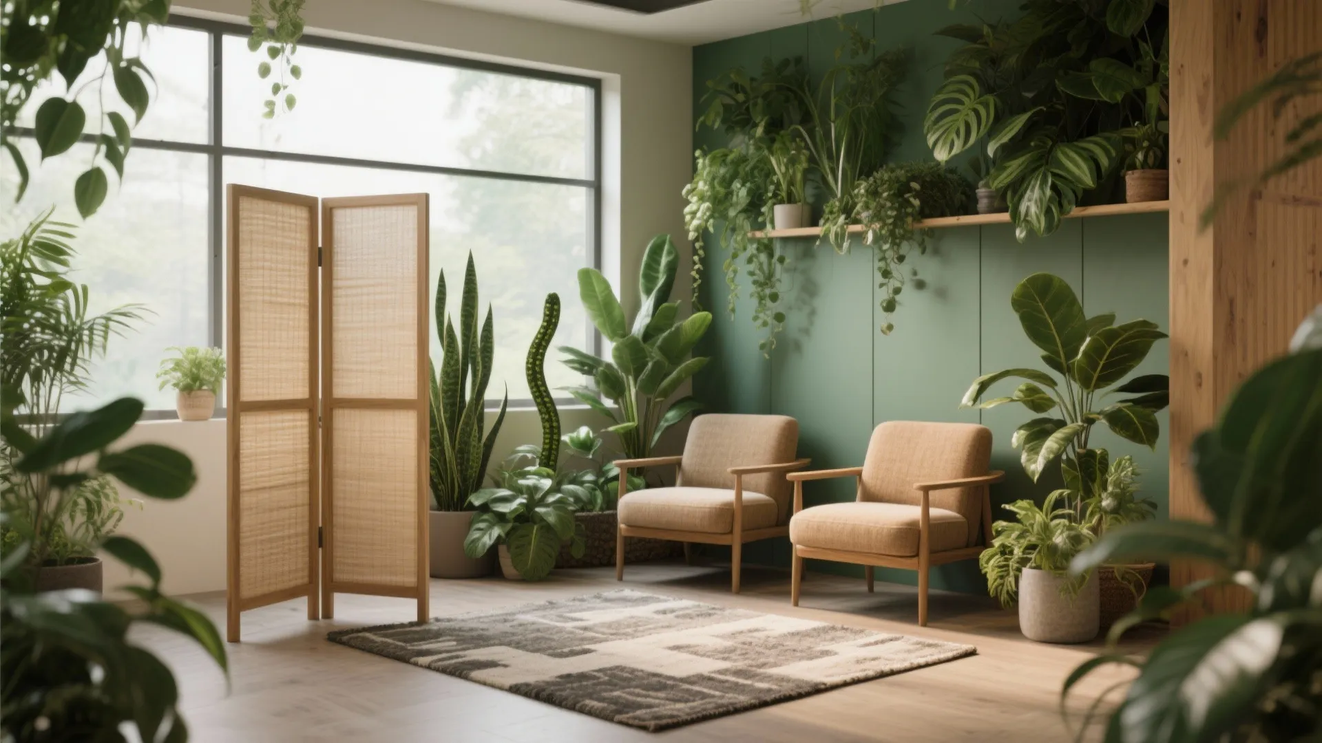 Cozy indoor garden nook with two tan armchairs wooden folding screen rug and many green plants