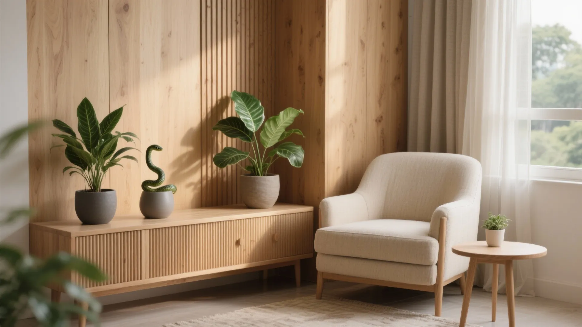 Biophilic nooks and layered wood tones for a calm, warm vibe