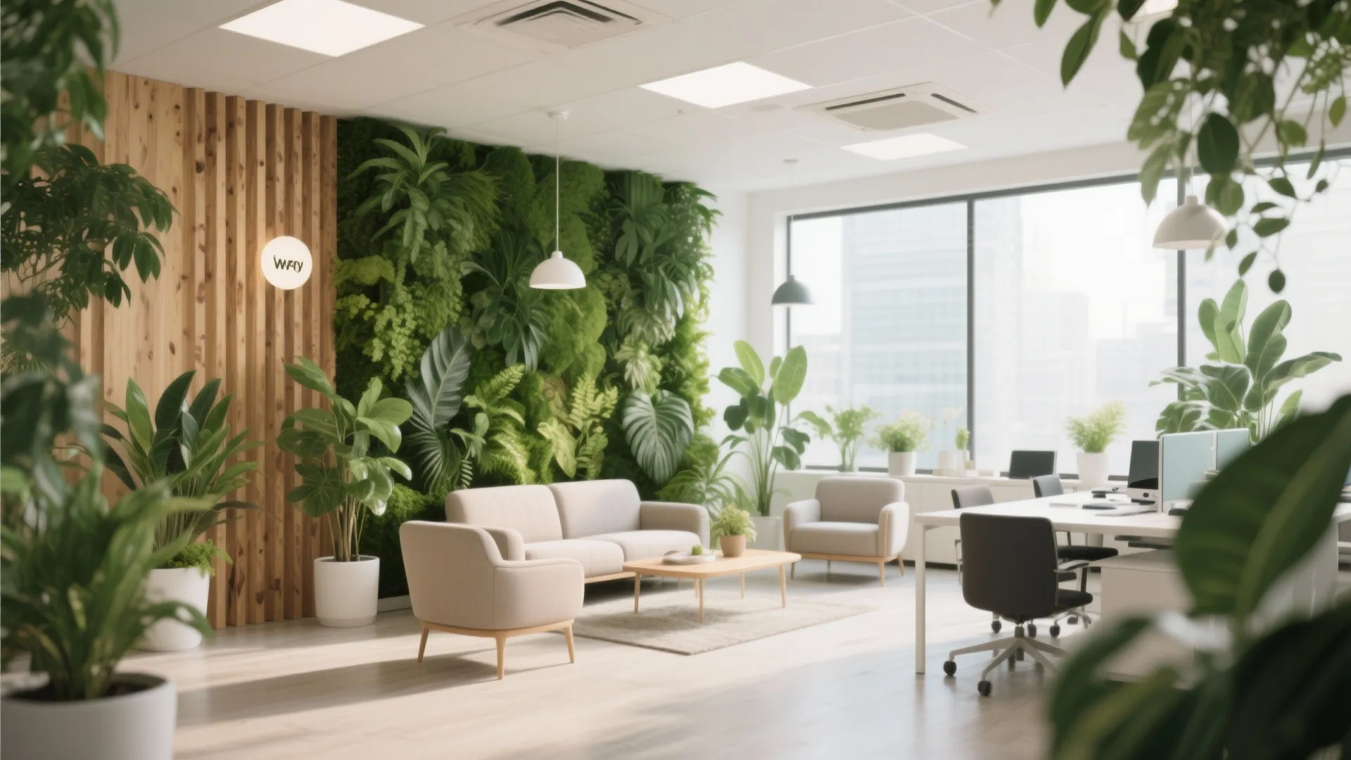 Office featuring a lush living green wall and natural textures