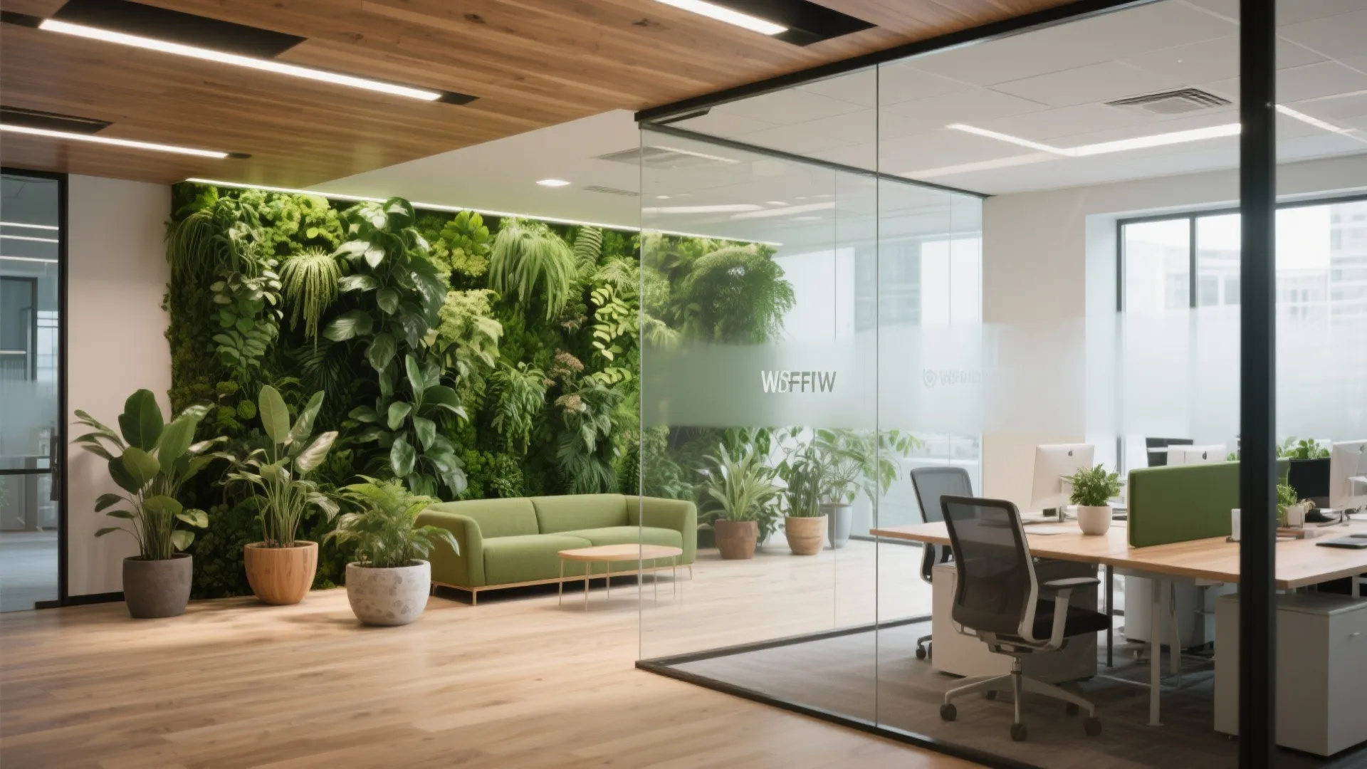 Modern office design with large plant wall green sofa glass partitions and wooden desks with chairs