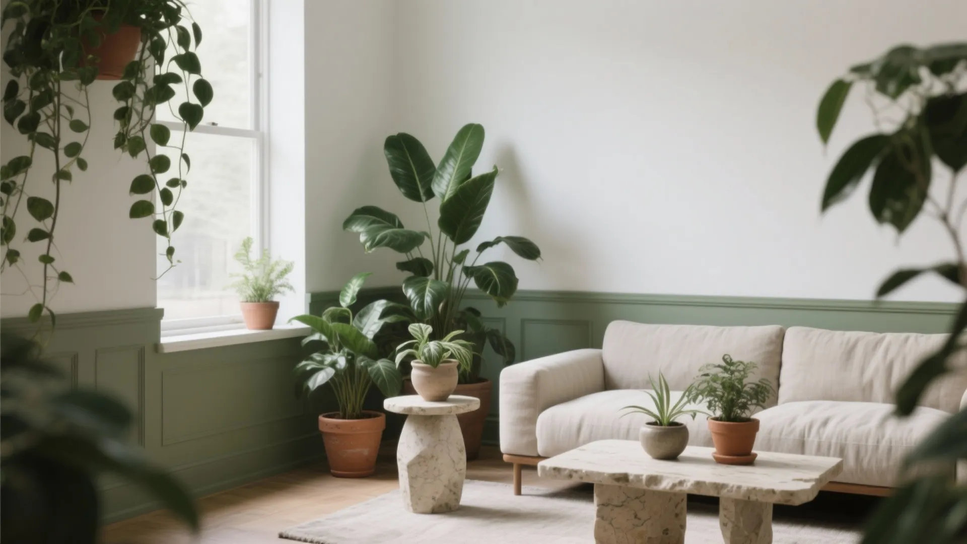 Biophilic Blend: Plants, Stone, and Soft Greens