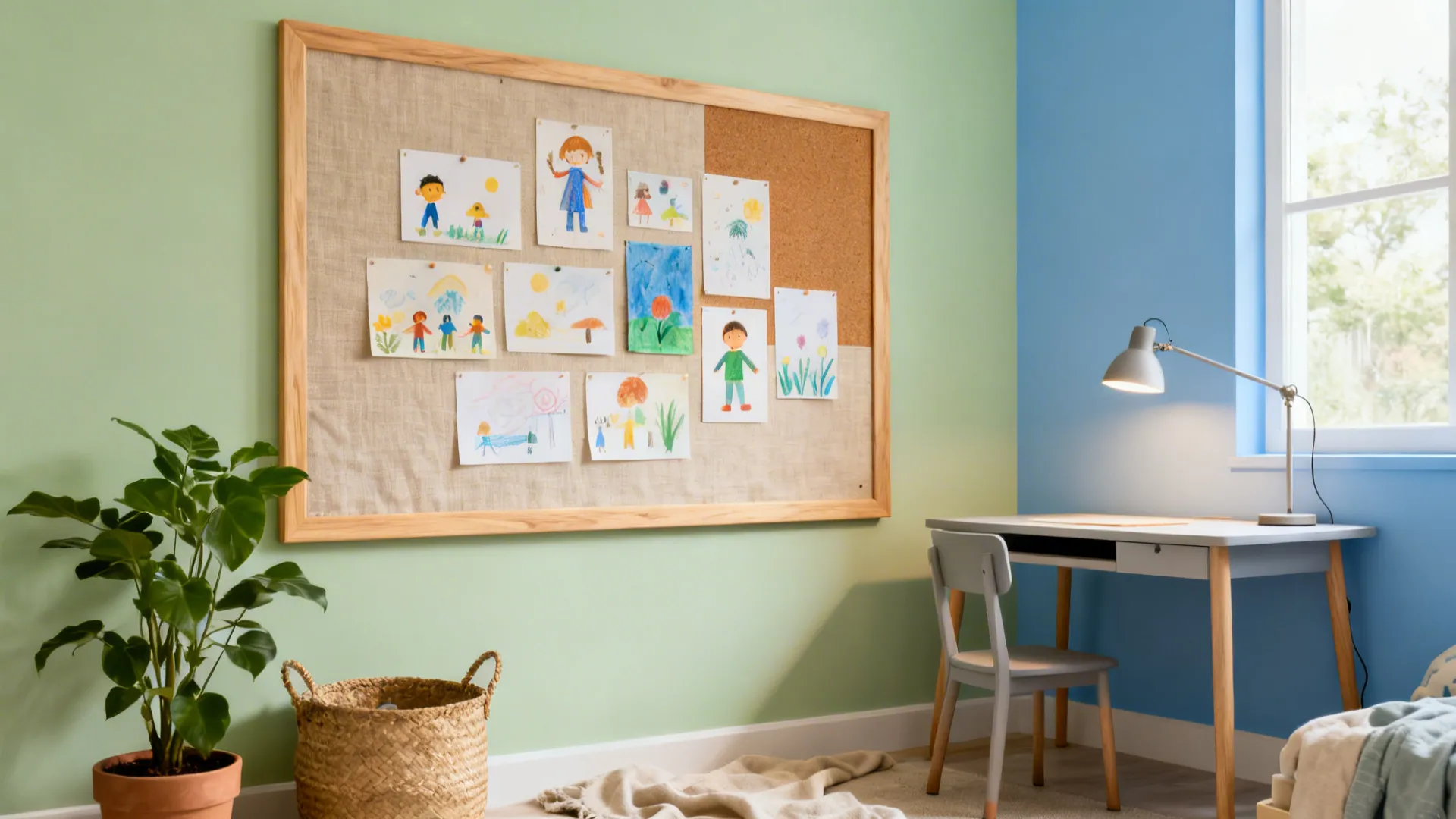 Biophilic kids room corner with pistachio and sky tones and a framed linen cork pinboard.