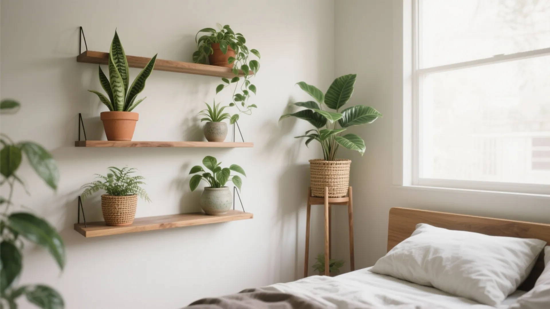 White wall bedroom featuring three wooden shelves with potted plants and a large floor plant