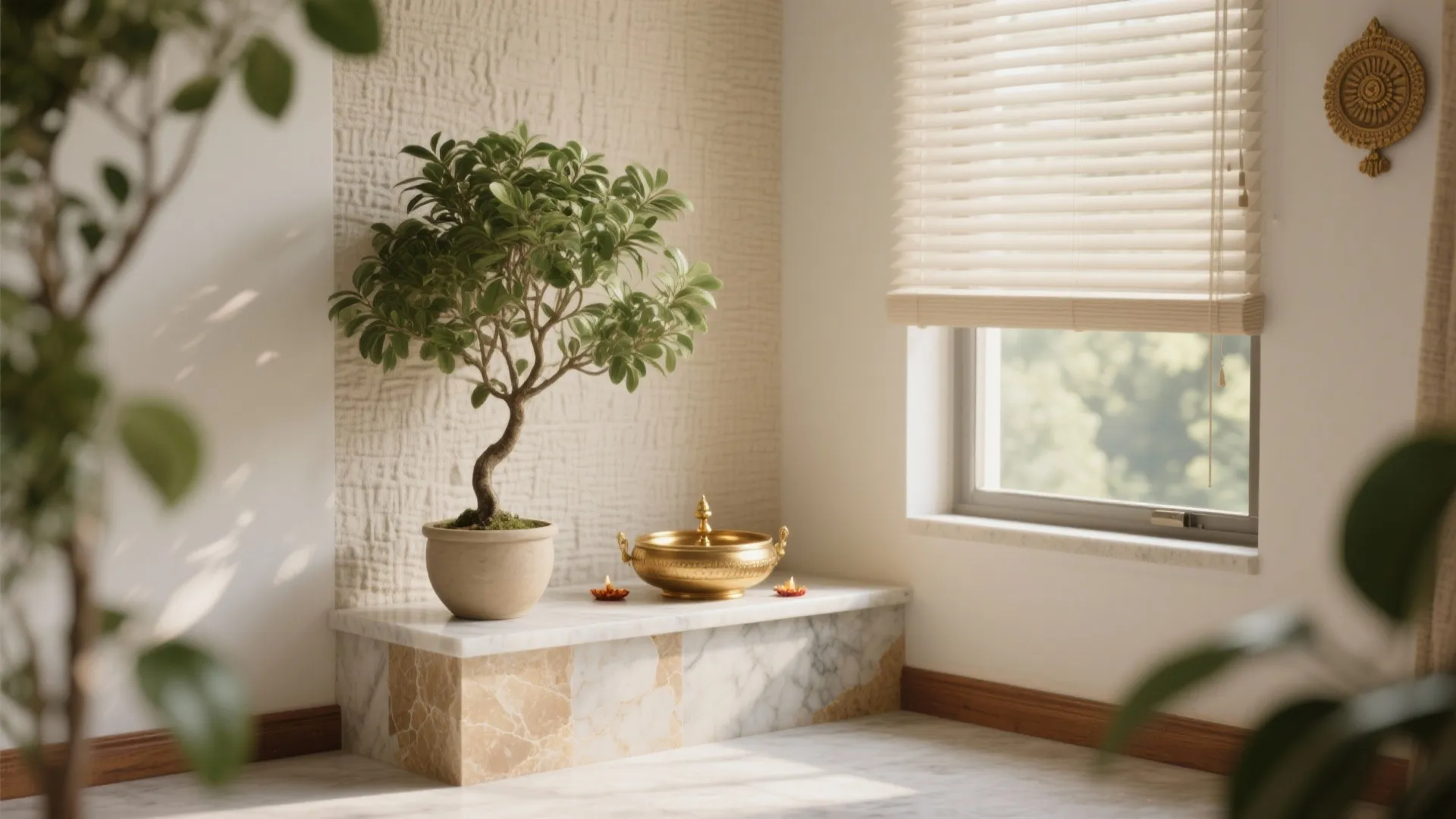 Biophilic Pooja Corner with Brass Accents and Daylight