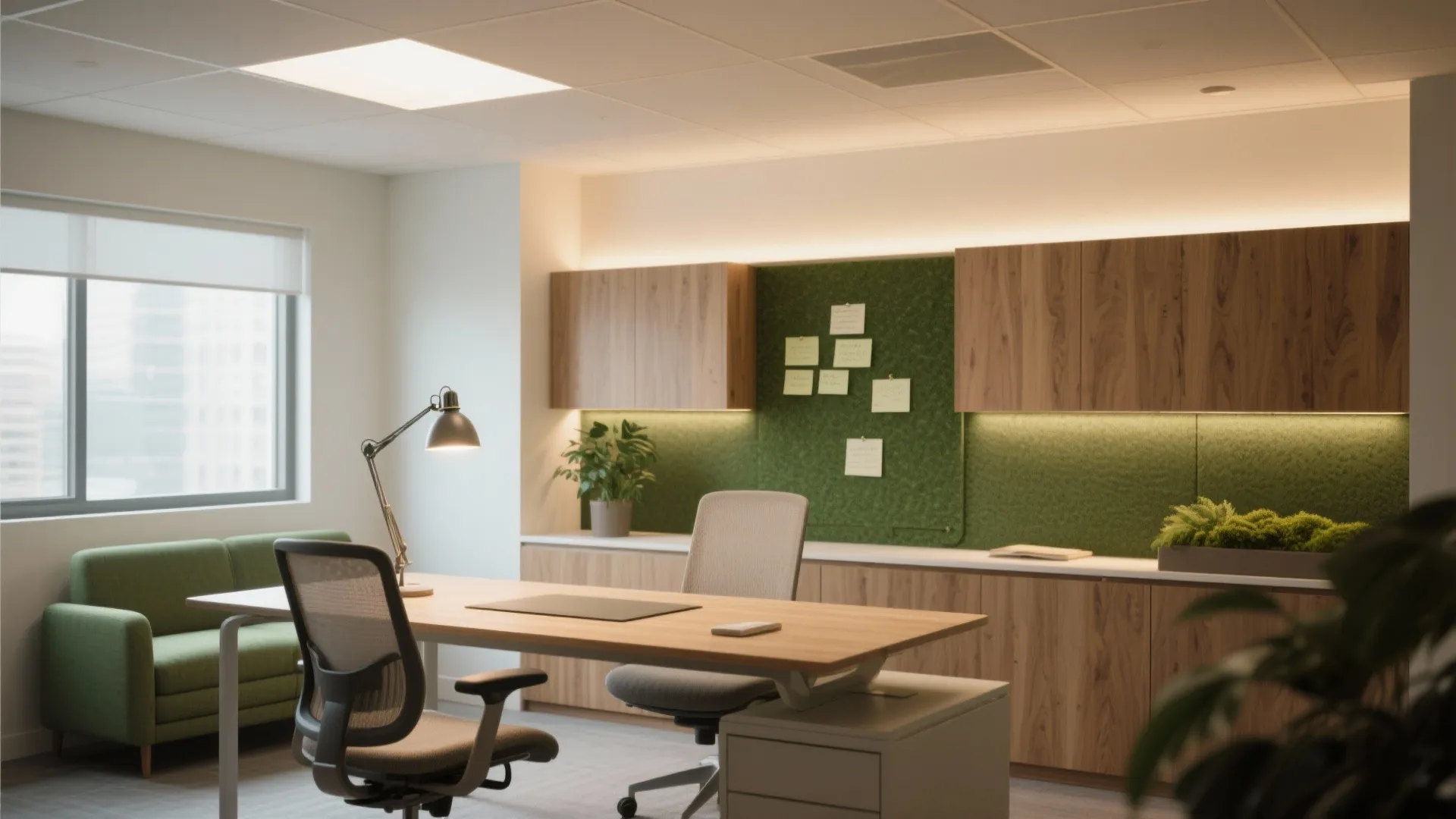 5) Layered light, ergonomic seating, and a calming, biophilic palette