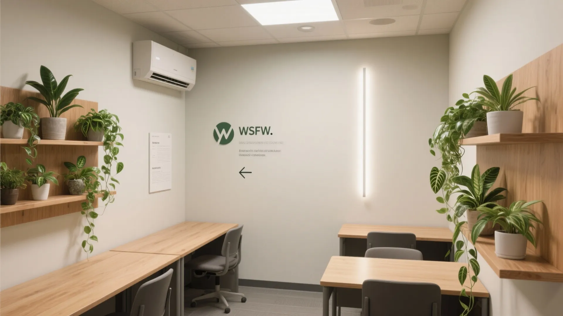 Simple office room with wooden desks grey chairs green potted plants on shelves and white walls