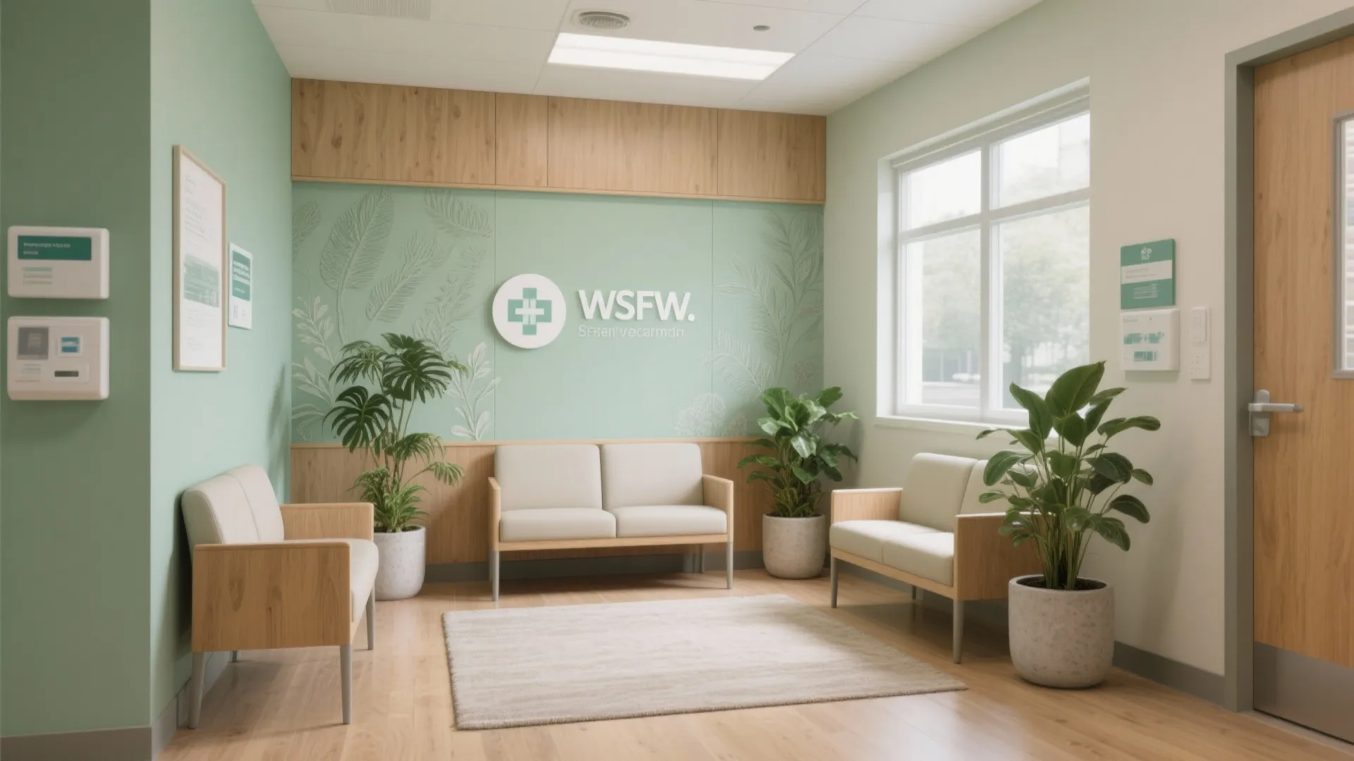 Modern clinic waiting room with green walls wooden furniture potted plants and a small floor rug