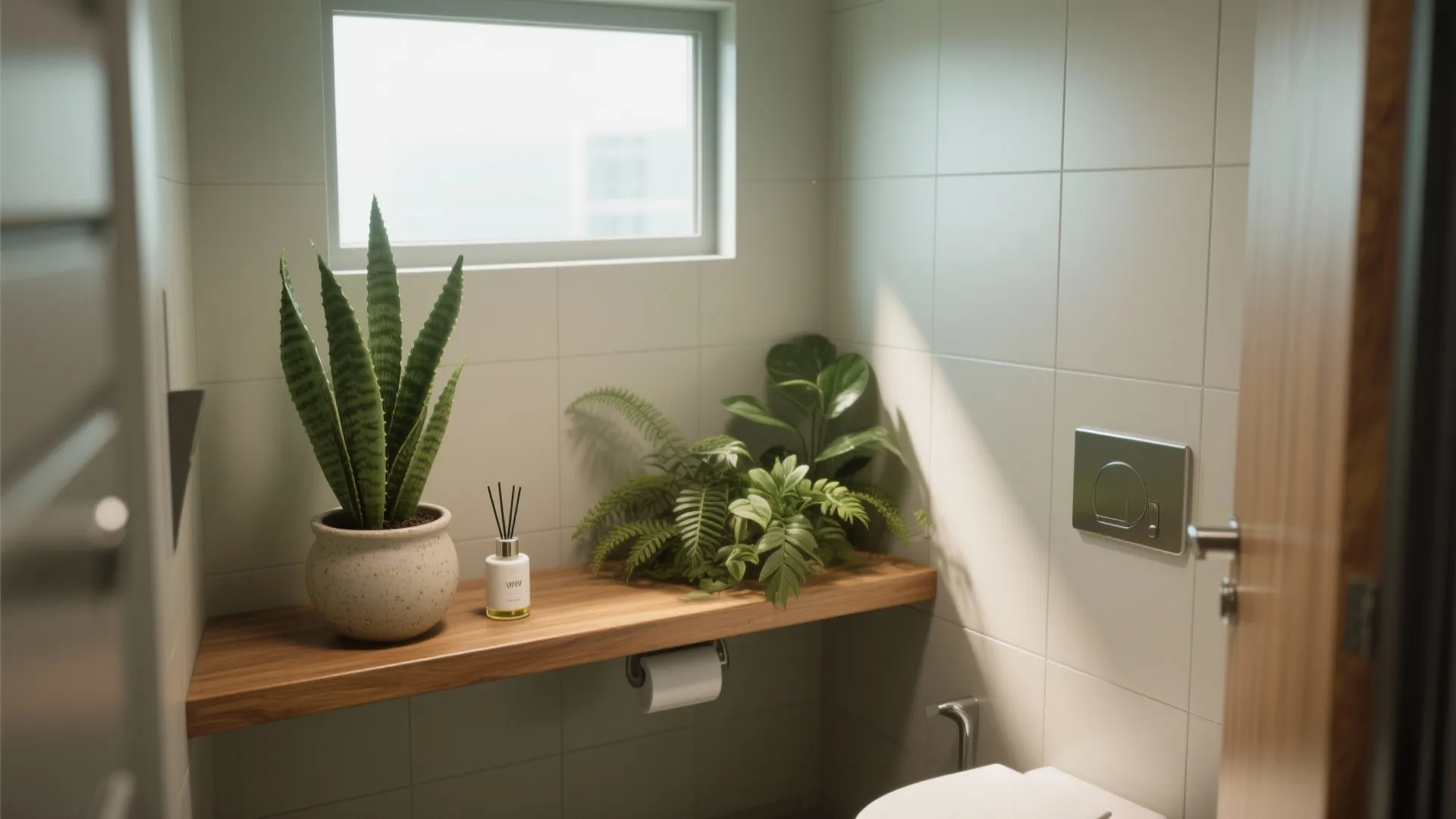 Modern bathroom with potted green plants on wooden shelf beside white tiled wall and window