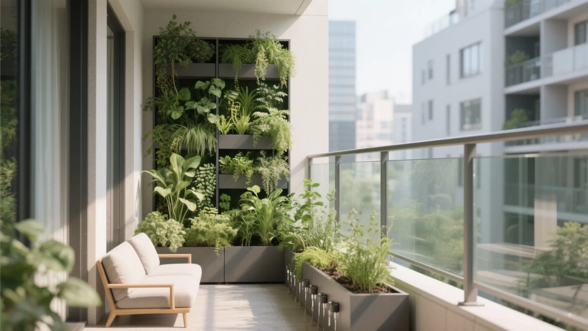 Urban balcony with a large vertical garden wall and grey sofa for a cozy outdoor