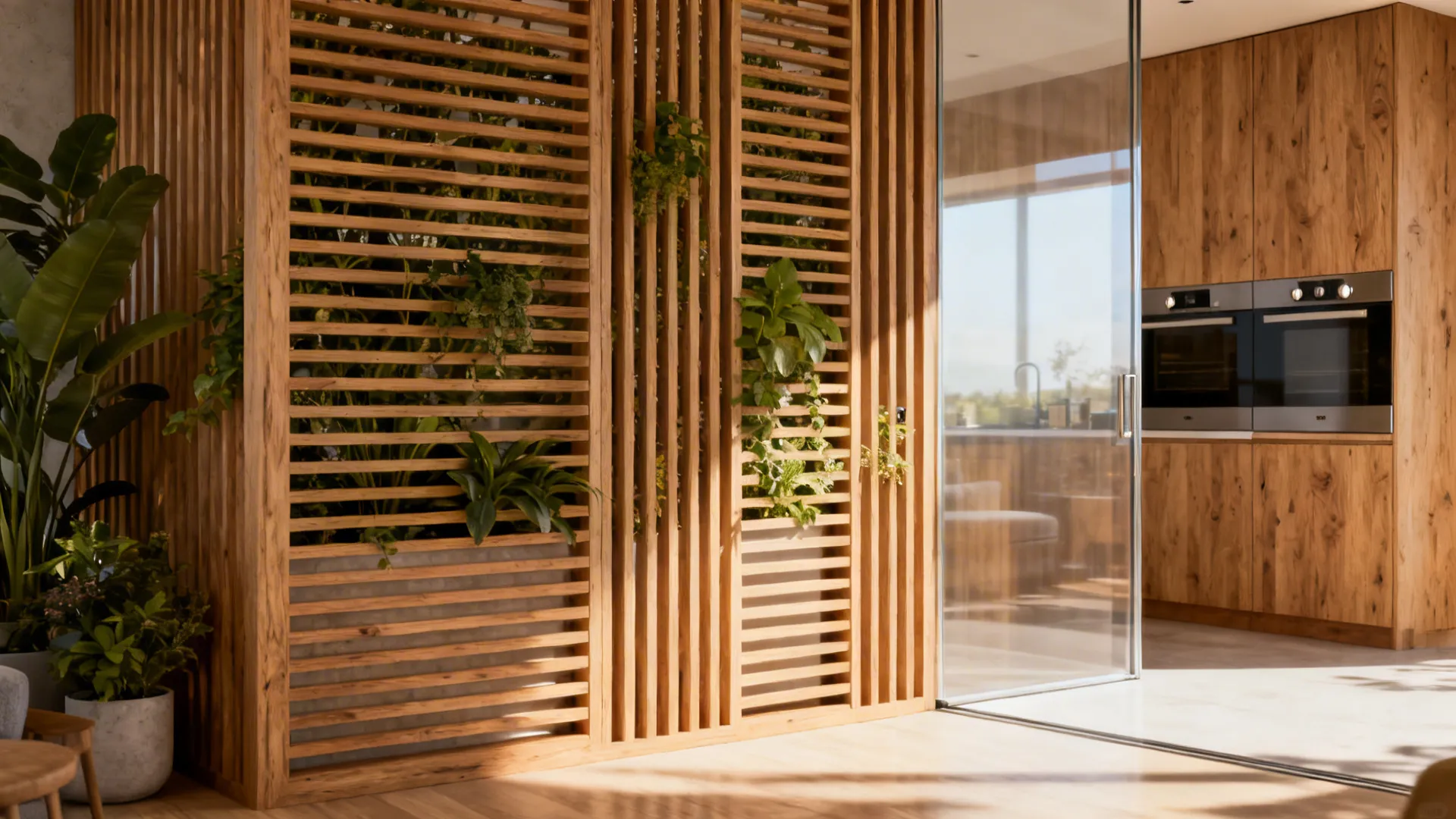 Biophilic Screen: Open Slats with Concealed Sliding Acrylic