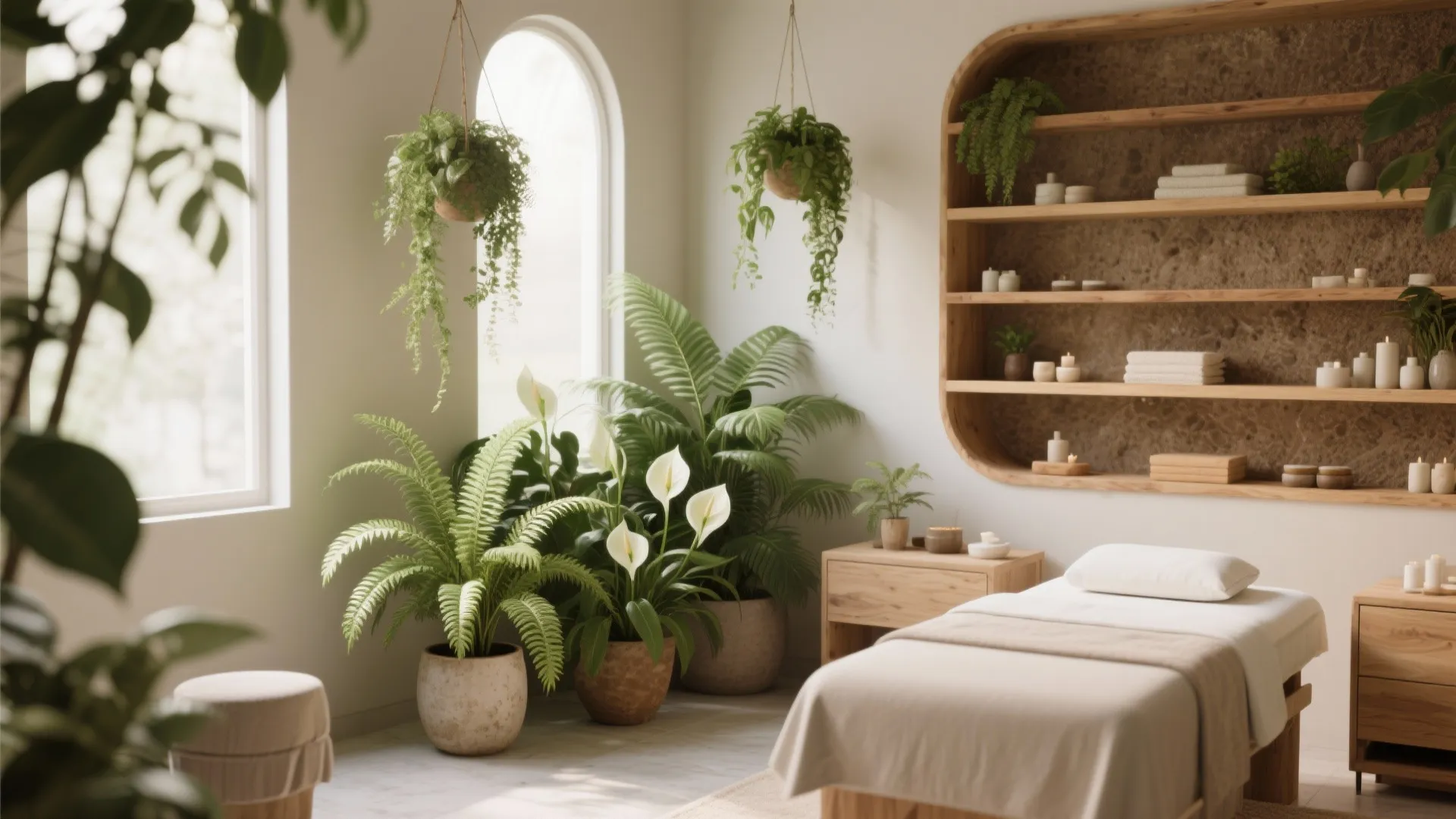 Bright spa treatment room featuring green plants wooden shelves arched windows and a massage bed