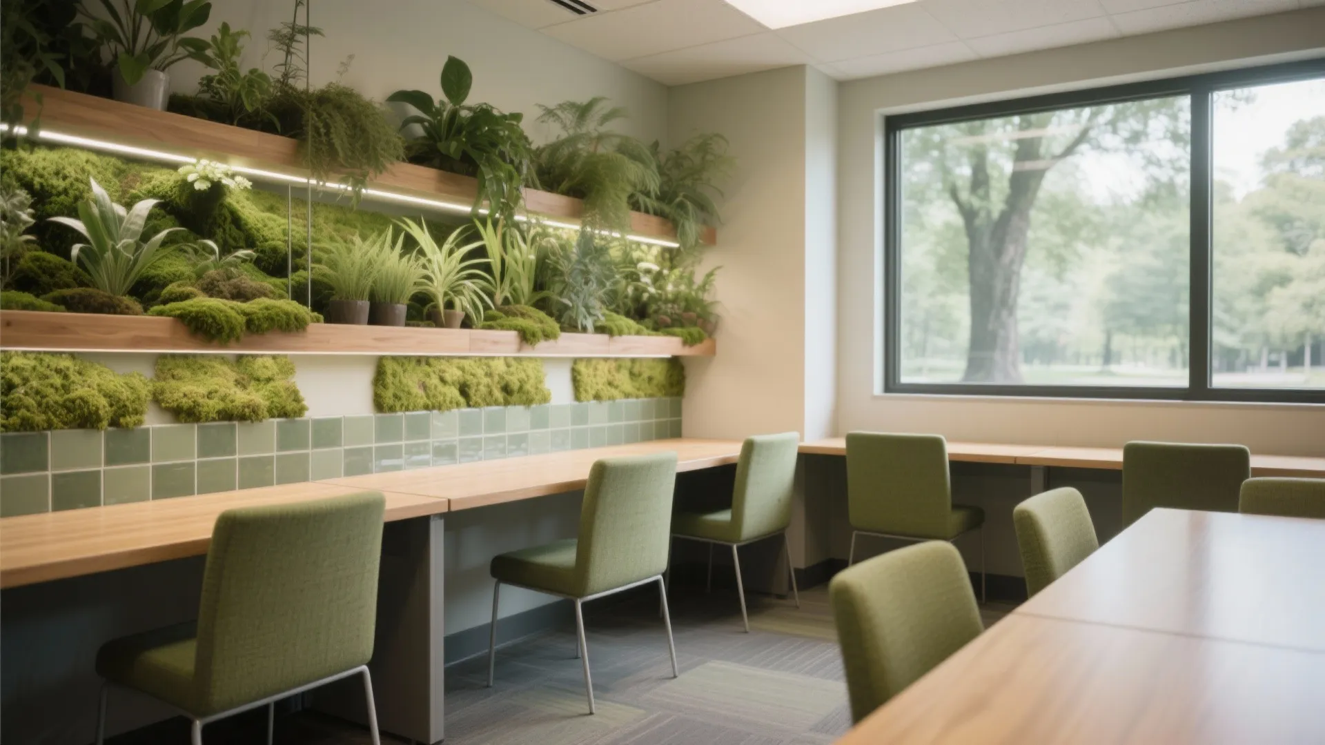 Modern study room with wooden desks green chairs green wall plants and a large window