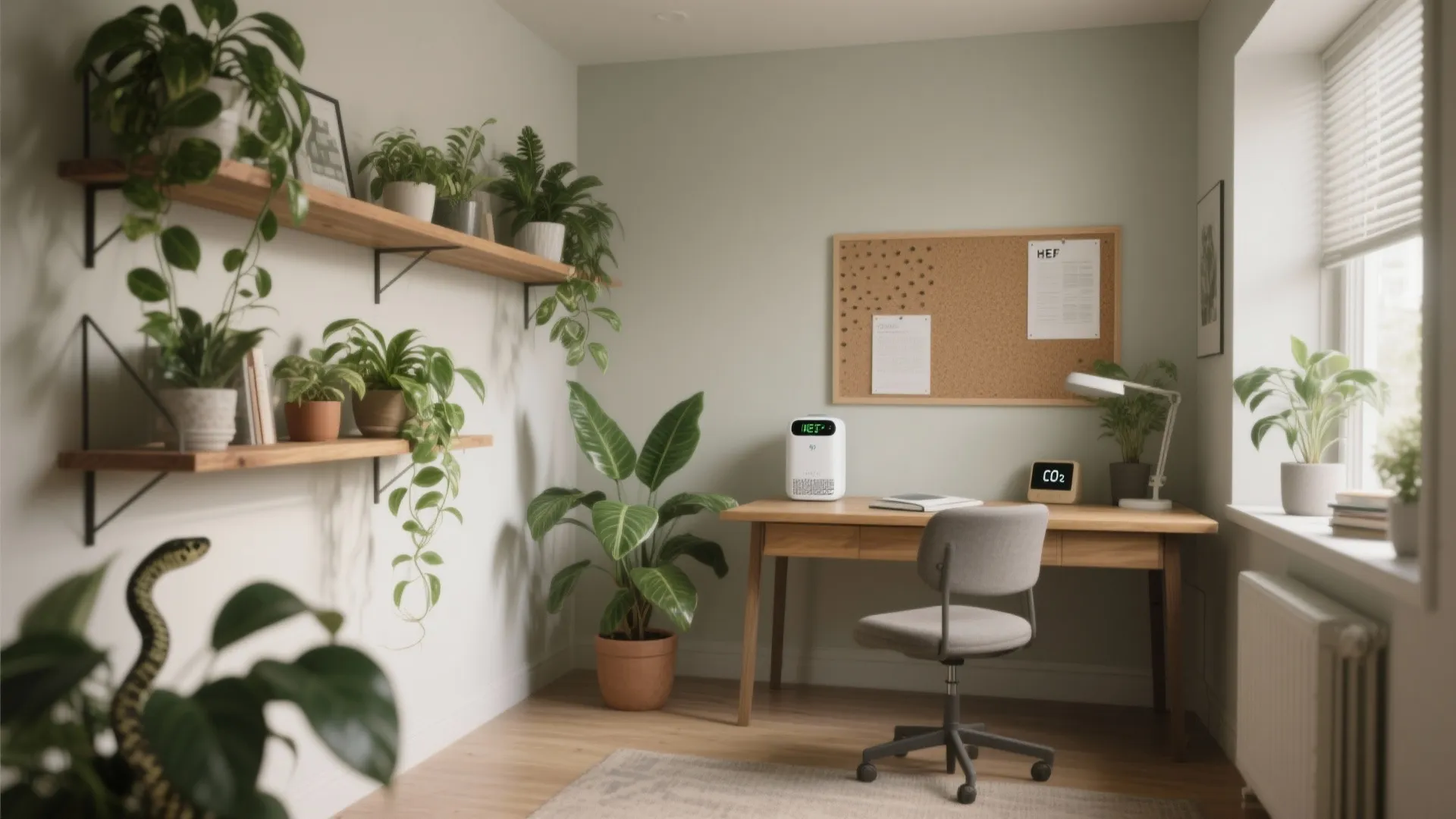Modern home office with green walls wooden desk many potted plants wall shelves and natural light