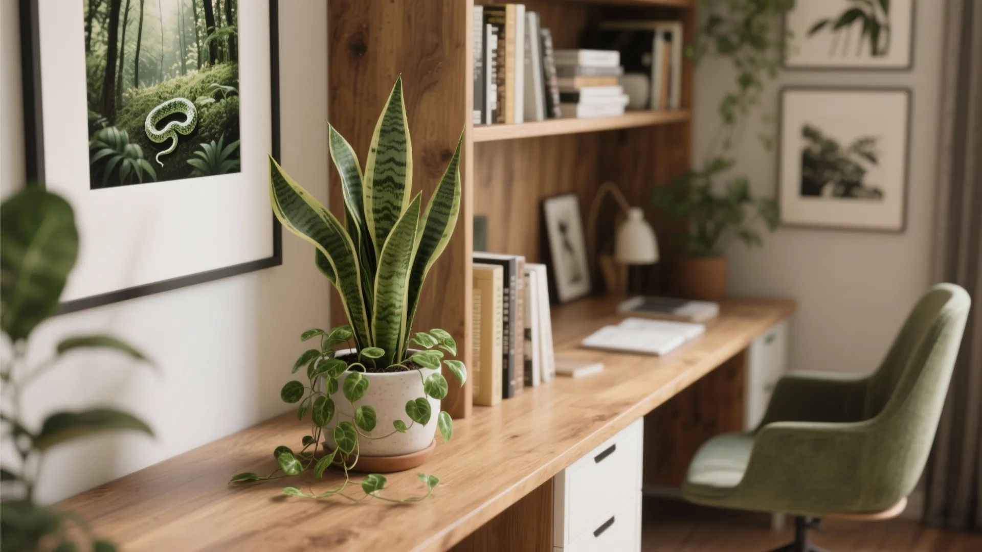 Close-up of plants and wooden textures in a study room