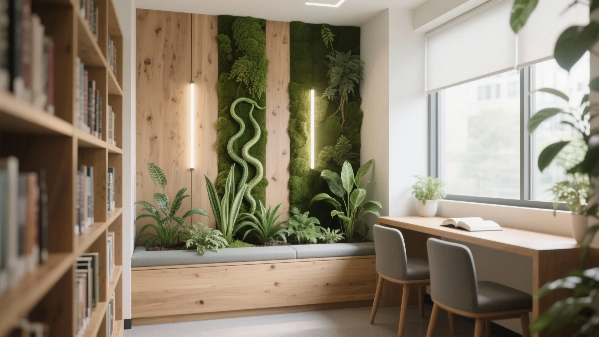 Small study area with wooden desk and chairs next to a green plant wall with lights