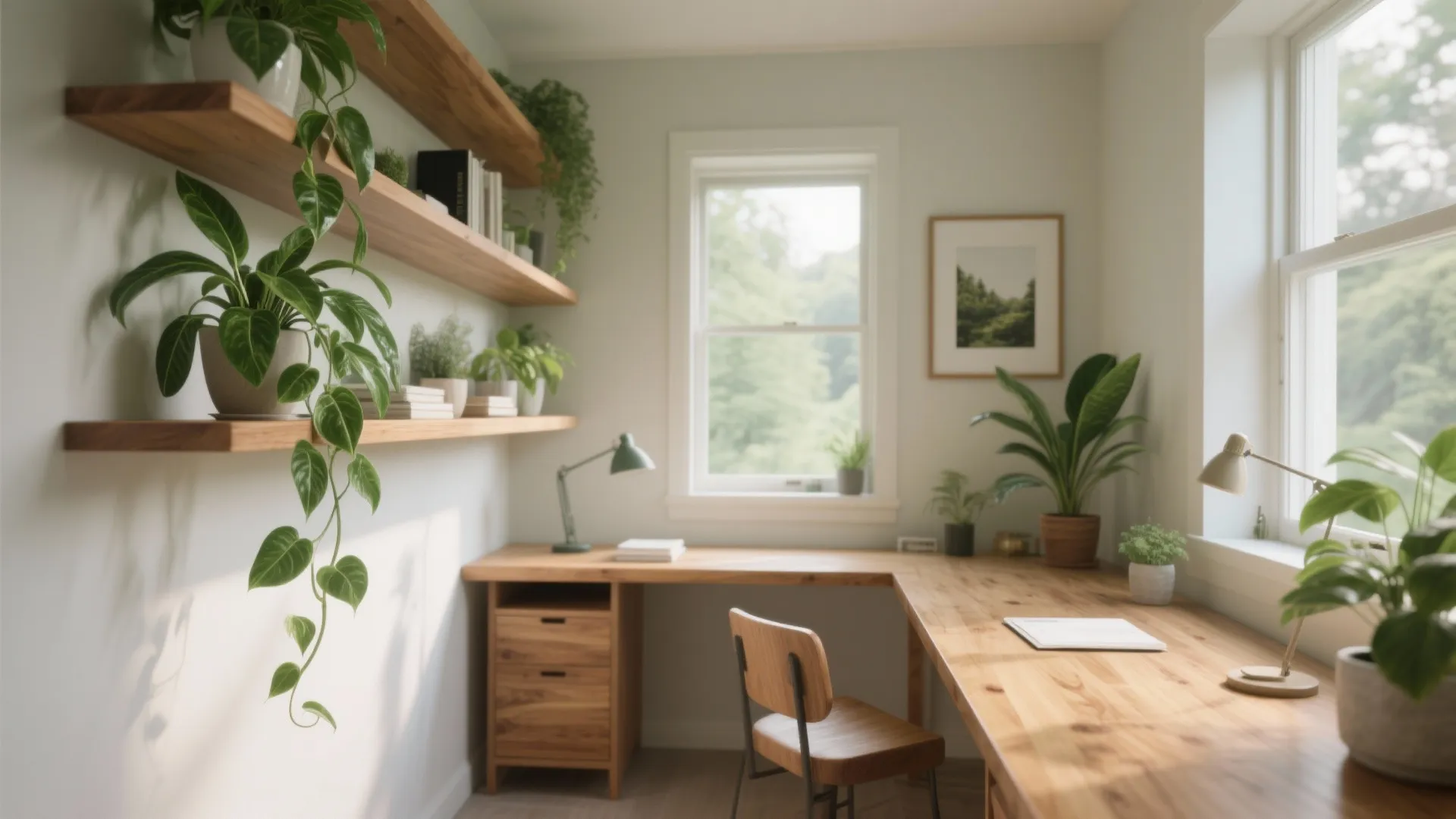 Biophilic calm: plants, warm wood tones, and a view cue