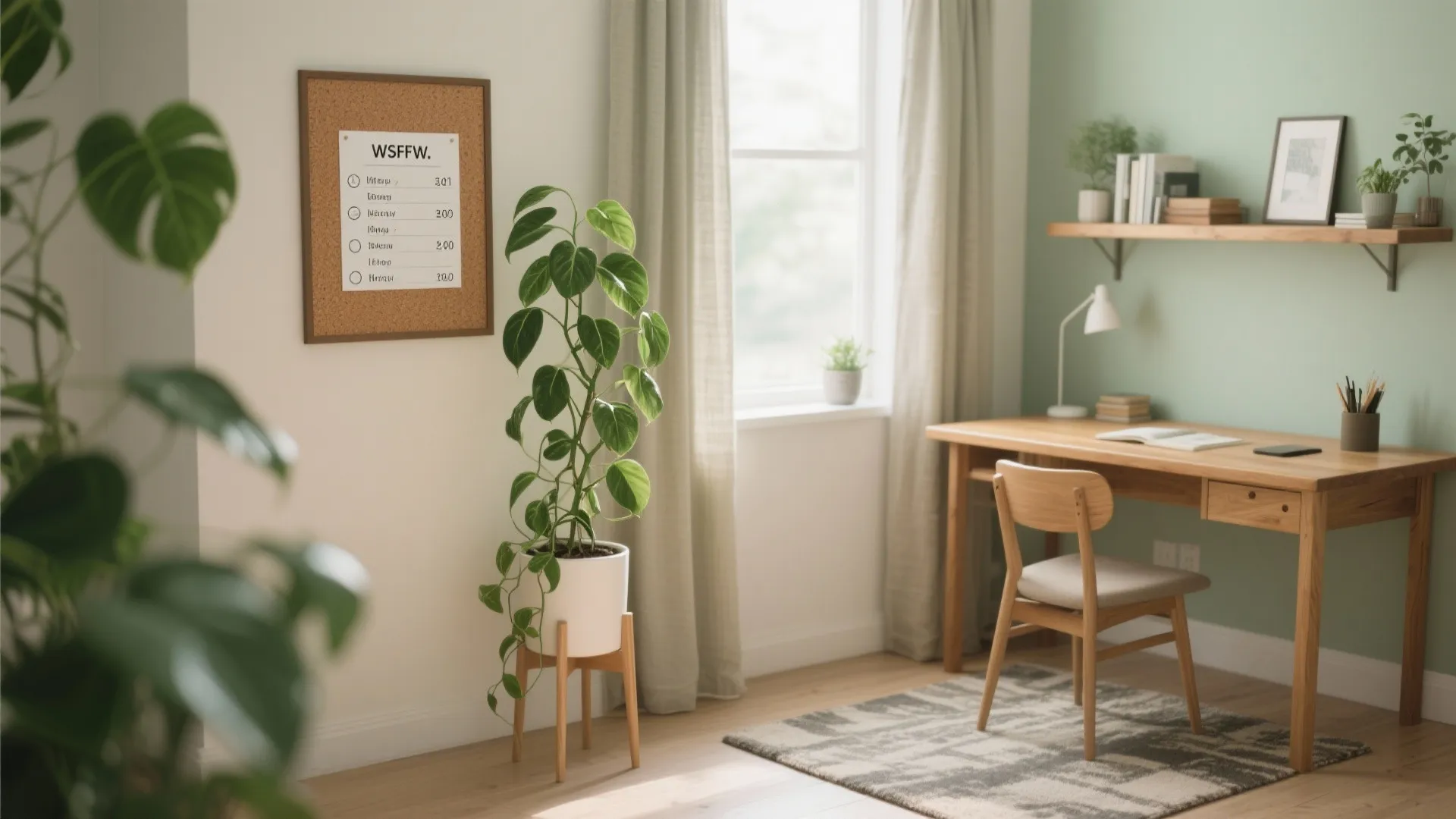 Bright study room with light green wall wooden desk white plant pot and natural window light